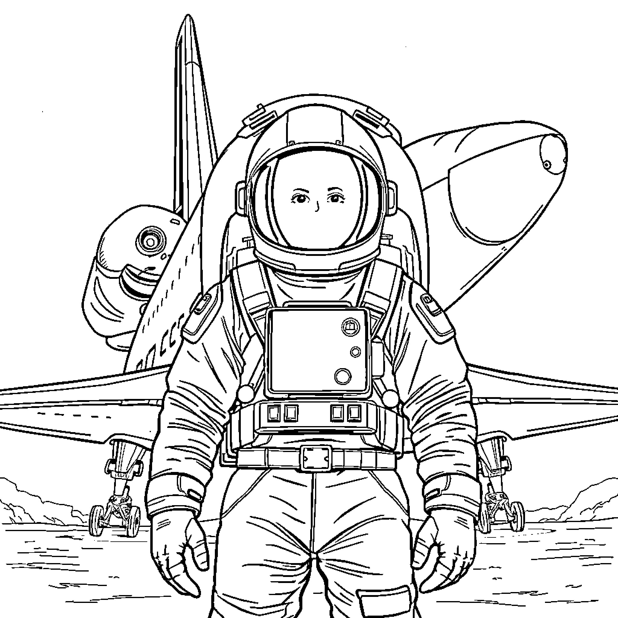 Astronaut preparing for space flight Coloring Page (free black-and-white line drawing printable PDF for all, from beginners to advanced learners, including children, teens, adults, and seniors)