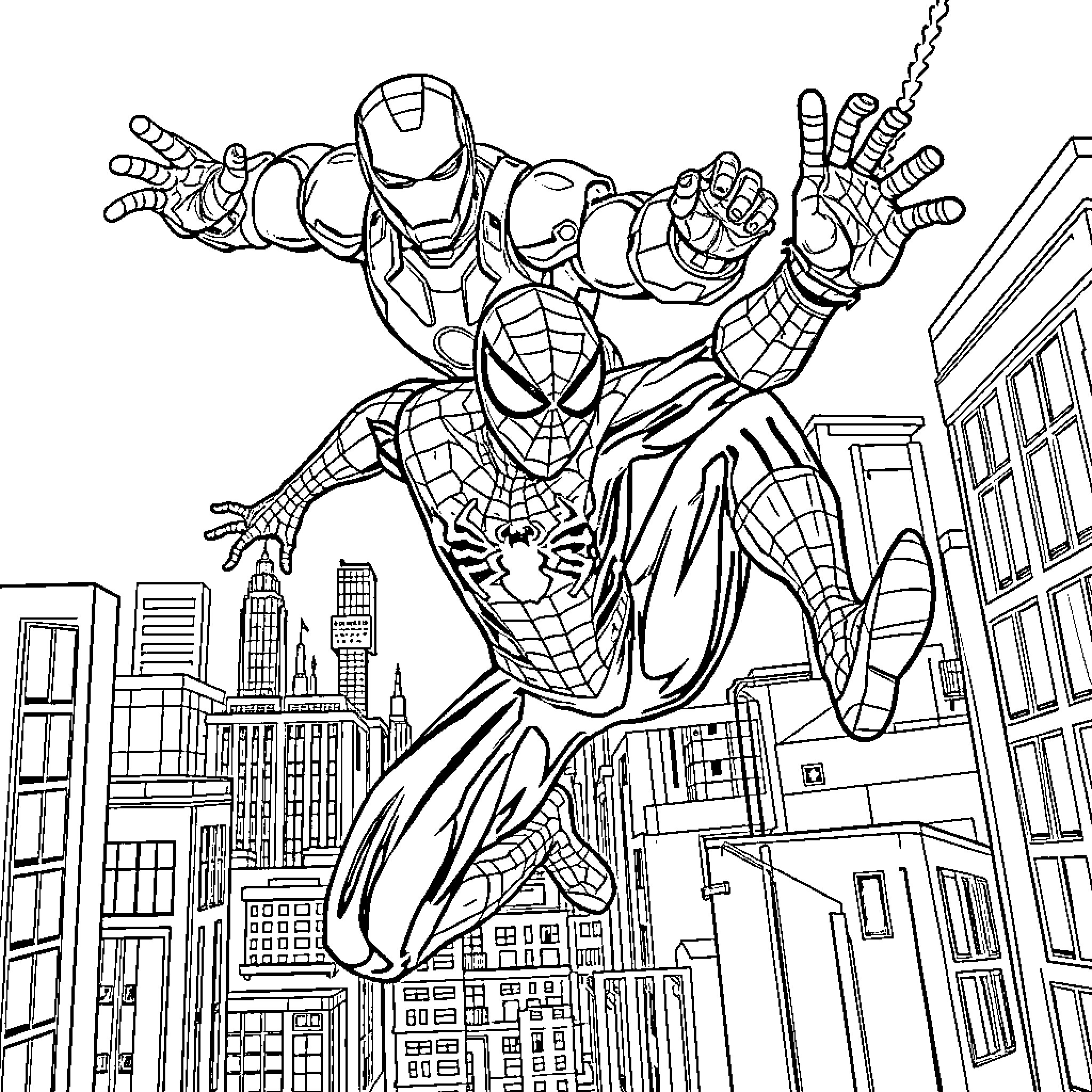 Spider-Man swinging high above the city Coloring Page (free black-and-white line drawing printable PDF for all, from beginners to advanced learners, including children, teens, adults, and seniors)