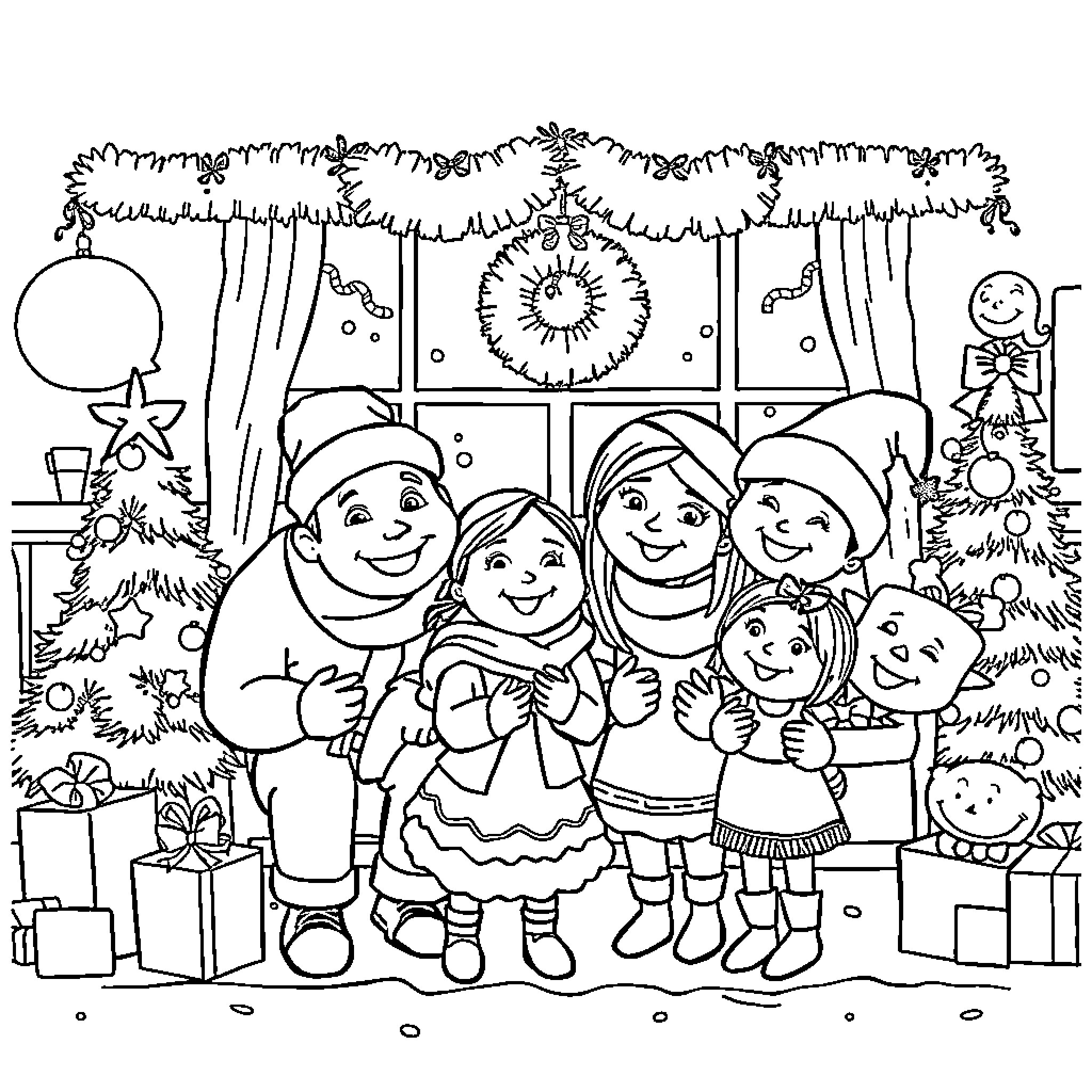 Bluey's Christmas Celebration with Family Coloring Page (free black-and-white line drawing printable PDF for all, from beginners to advanced learners, including children, teens, adults, and seniors)