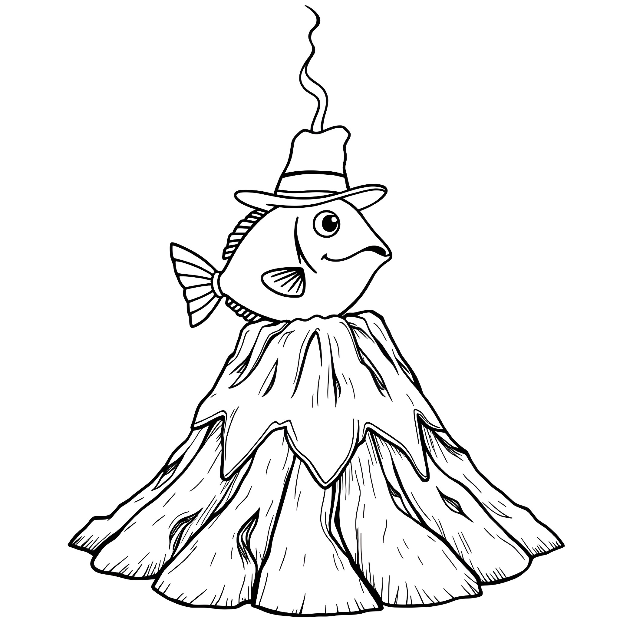 Fish wearing a smoking hat on a mountain Coloring Page (free black-and-white line drawing printable PDF for all, from beginners to advanced learners, including children, teens, adults, and seniors)