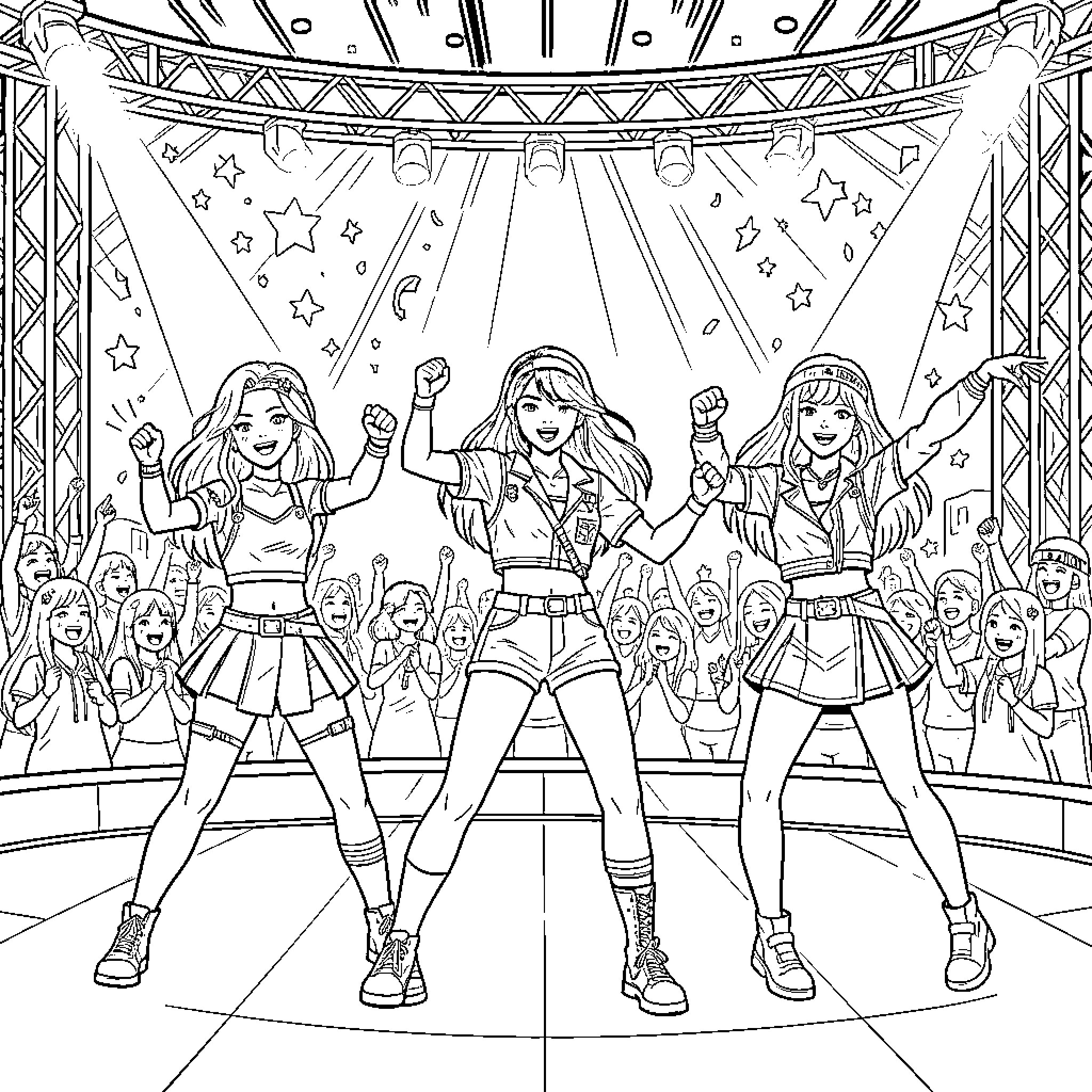 K-Pop Warriors Performing on Stage with Vibrant Outfits Coloring Page (free black-and-white line drawing printable PDF for all, from beginners to advanced learners, including children, teens, adults, and seniors)
