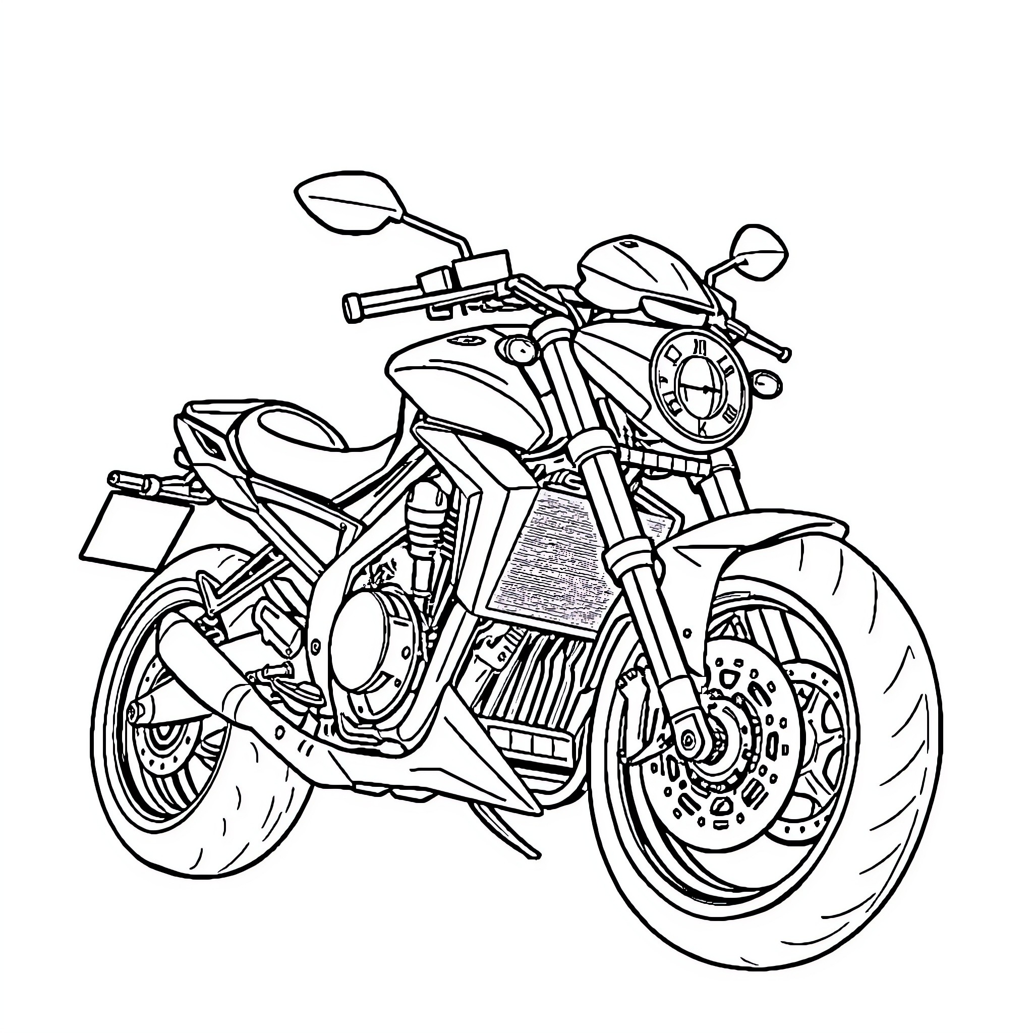 Motorcycle with sporty design and features Coloring Page (free black-and-white line drawing printable PDF for all, from beginners to advanced learners, including children, teens, adults, and seniors)