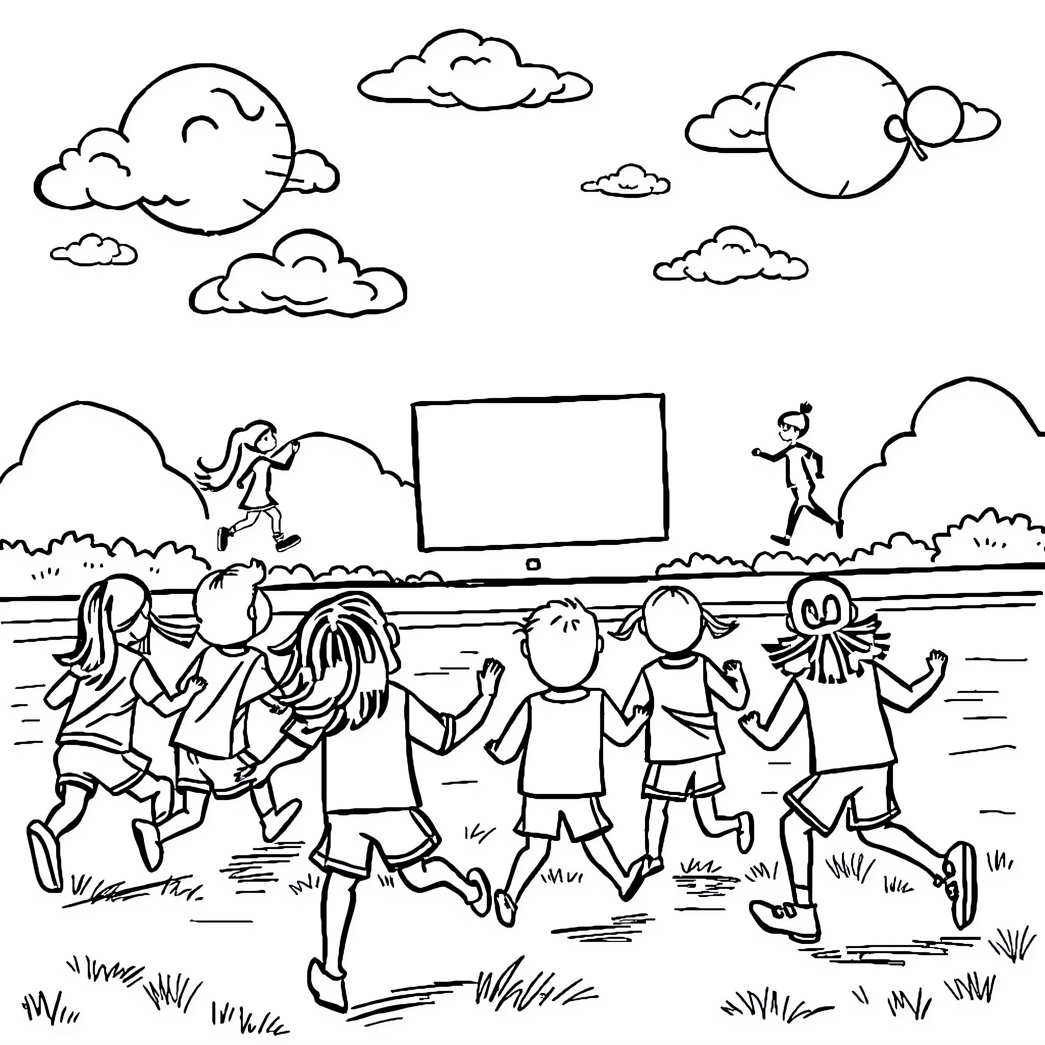 PE Class Outdoor Activities and Fun Coloring Page (free black-and-white line drawing printable PDF for all, from beginners to advanced learners, including children, teens, adults, and seniors)
