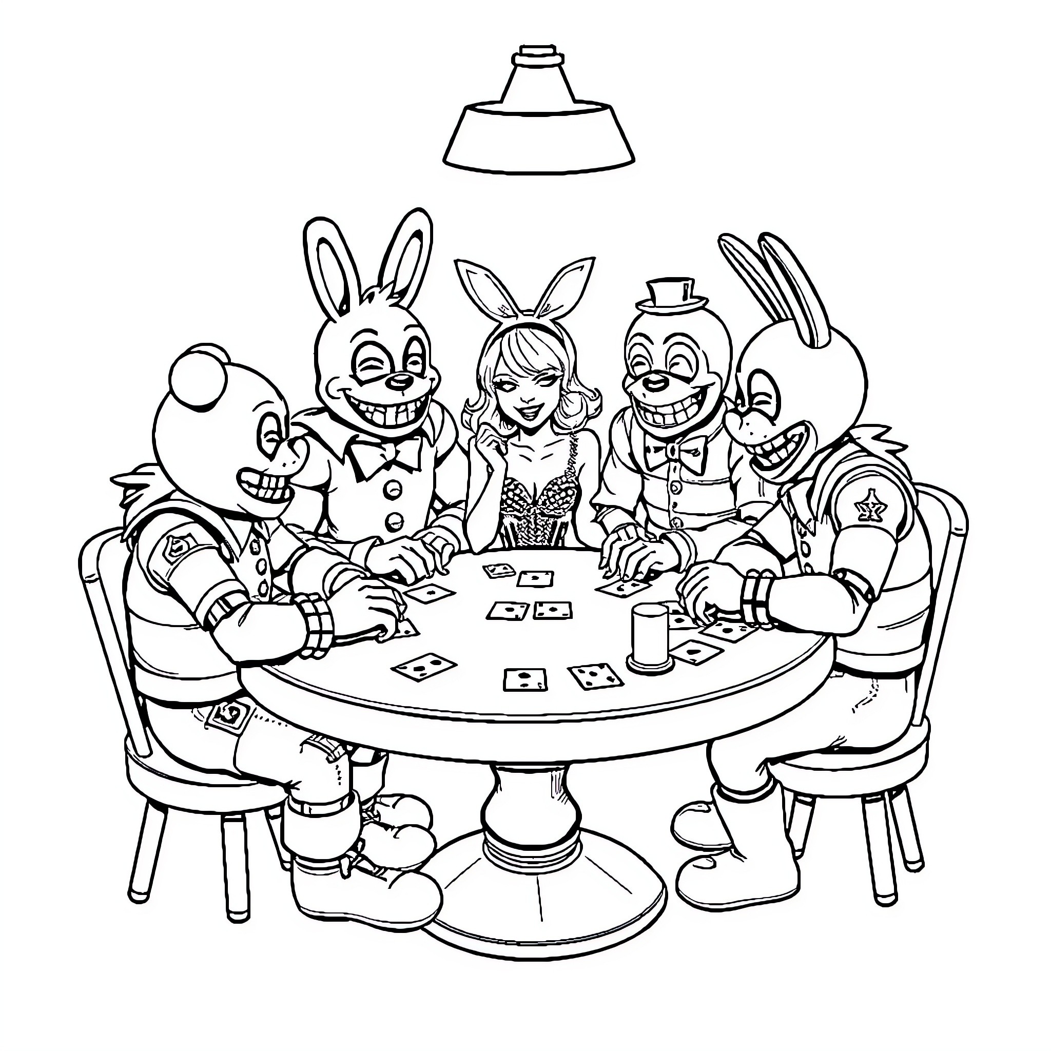 Taylor Swift playing cards with cartoon rabbits at a table Coloring Page (free black-and-white line drawing printable PDF for all, from beginners to advanced learners, including children, teens, adults, and seniors)