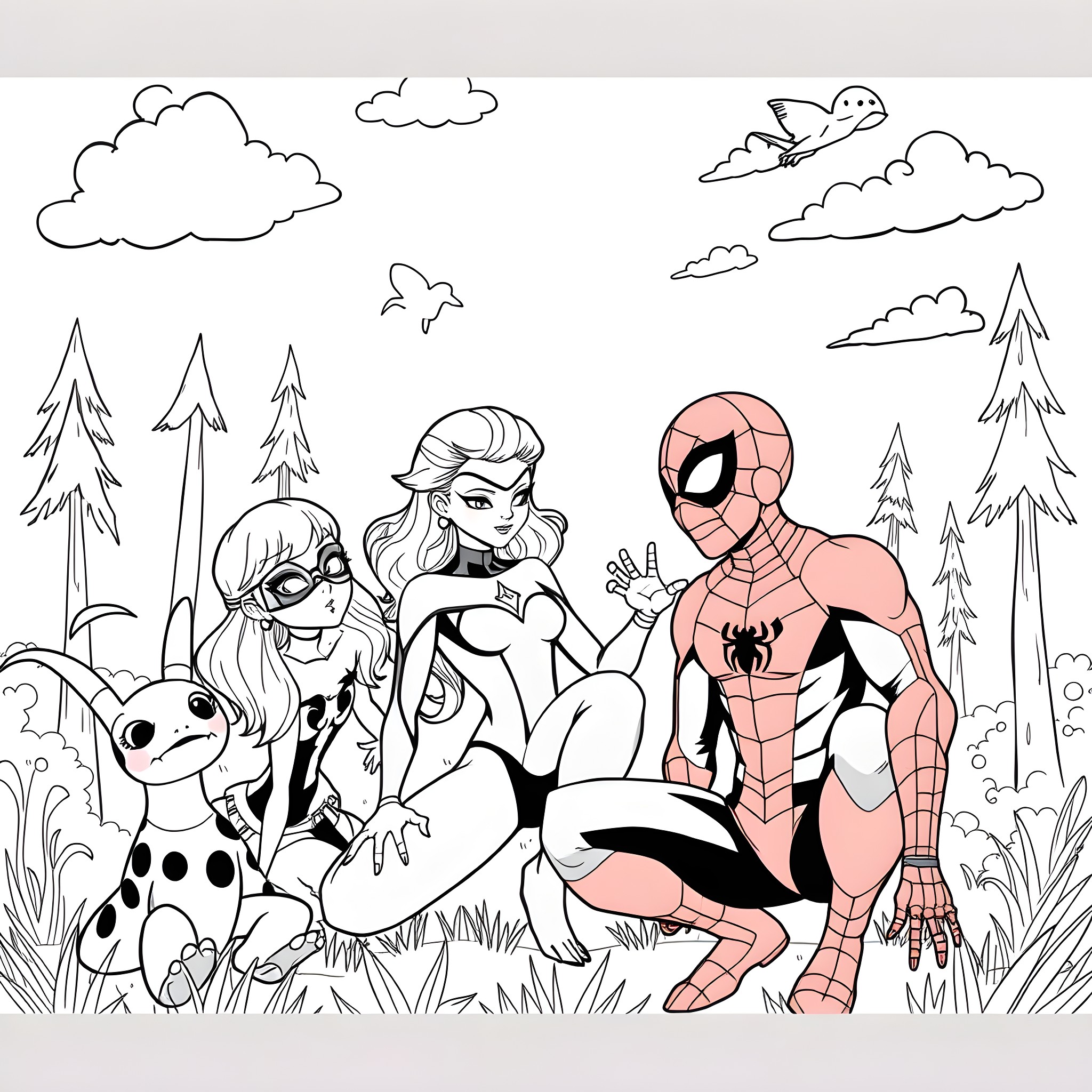 She-Ra and Spiderman exploring the enchanted forest Coloring Page (free black-and-white line drawing printable PDF for all, from beginners to advanced learners, including children, teens, adults, and seniors)