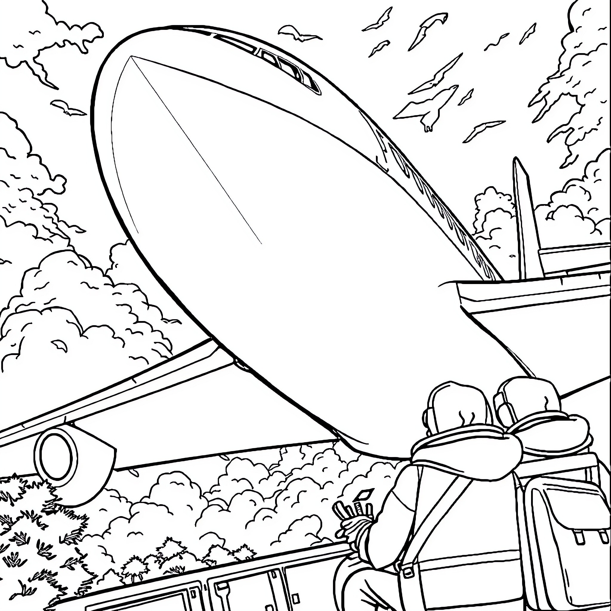 Avión despegando en medio de nubes y árboles Coloring Page (free black-and-white line drawing printable PDF for all, from beginners to advanced learners, including children, teens, adults, and seniors)