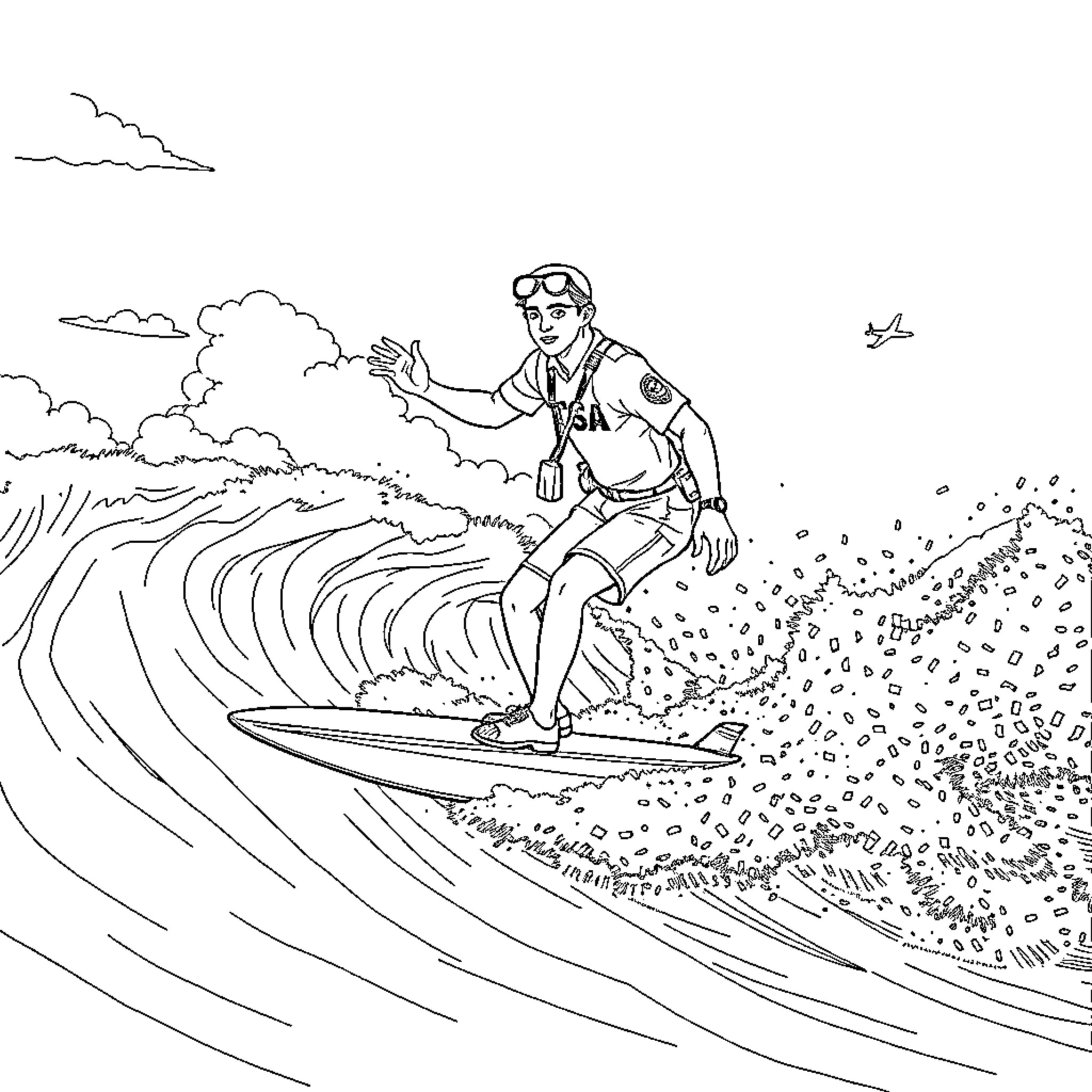 TSA Officer Riding the Waves on a Surfboard Coloring Page (free black-and-white line drawing printable PDF for all, from beginners to advanced learners, including children, teens, adults, and seniors)
