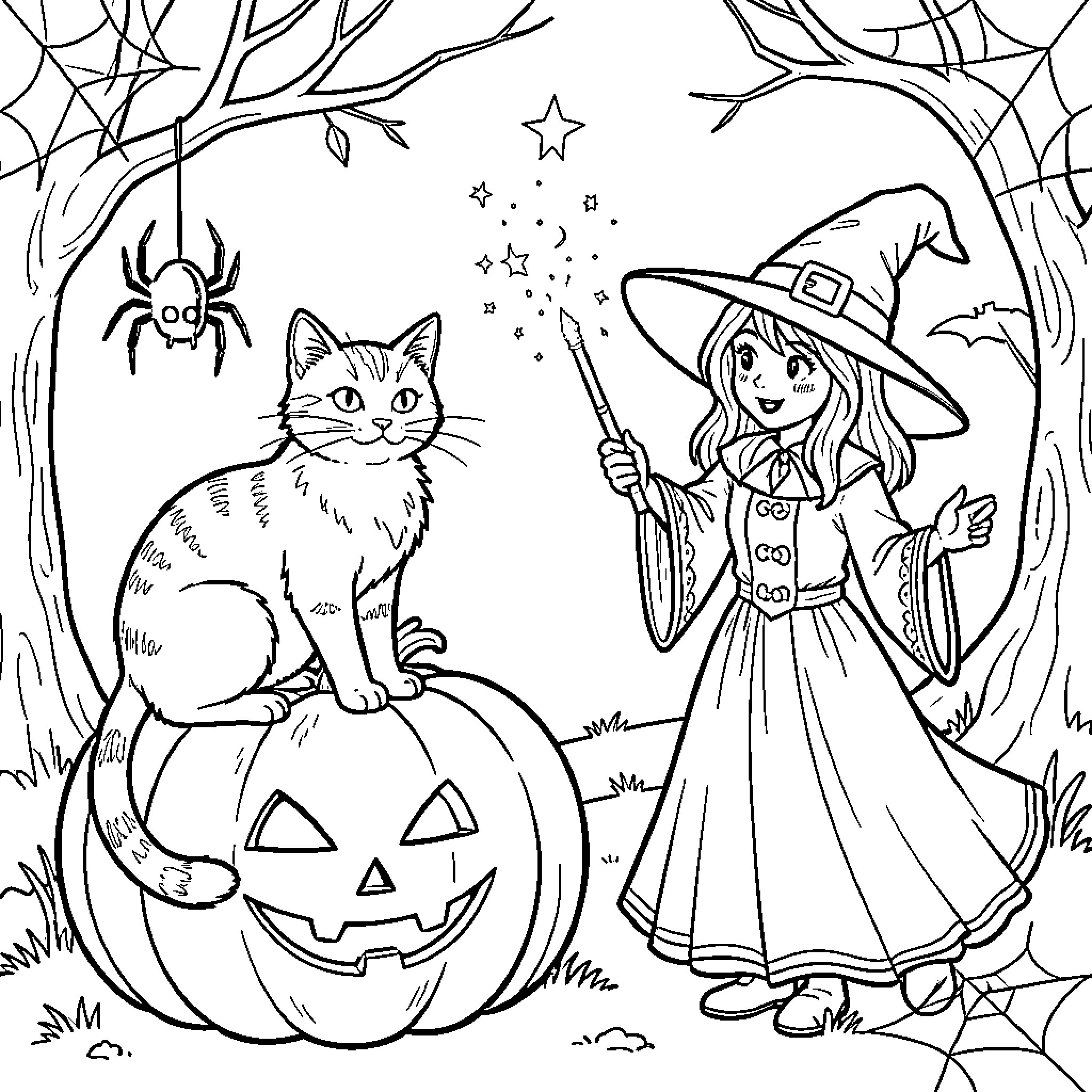 Halloween witch casting magic spells near a cat Coloring Page (free black-and-white line drawing printable PDF for all, from beginners to advanced learners, including children, teens, adults, and seniors)