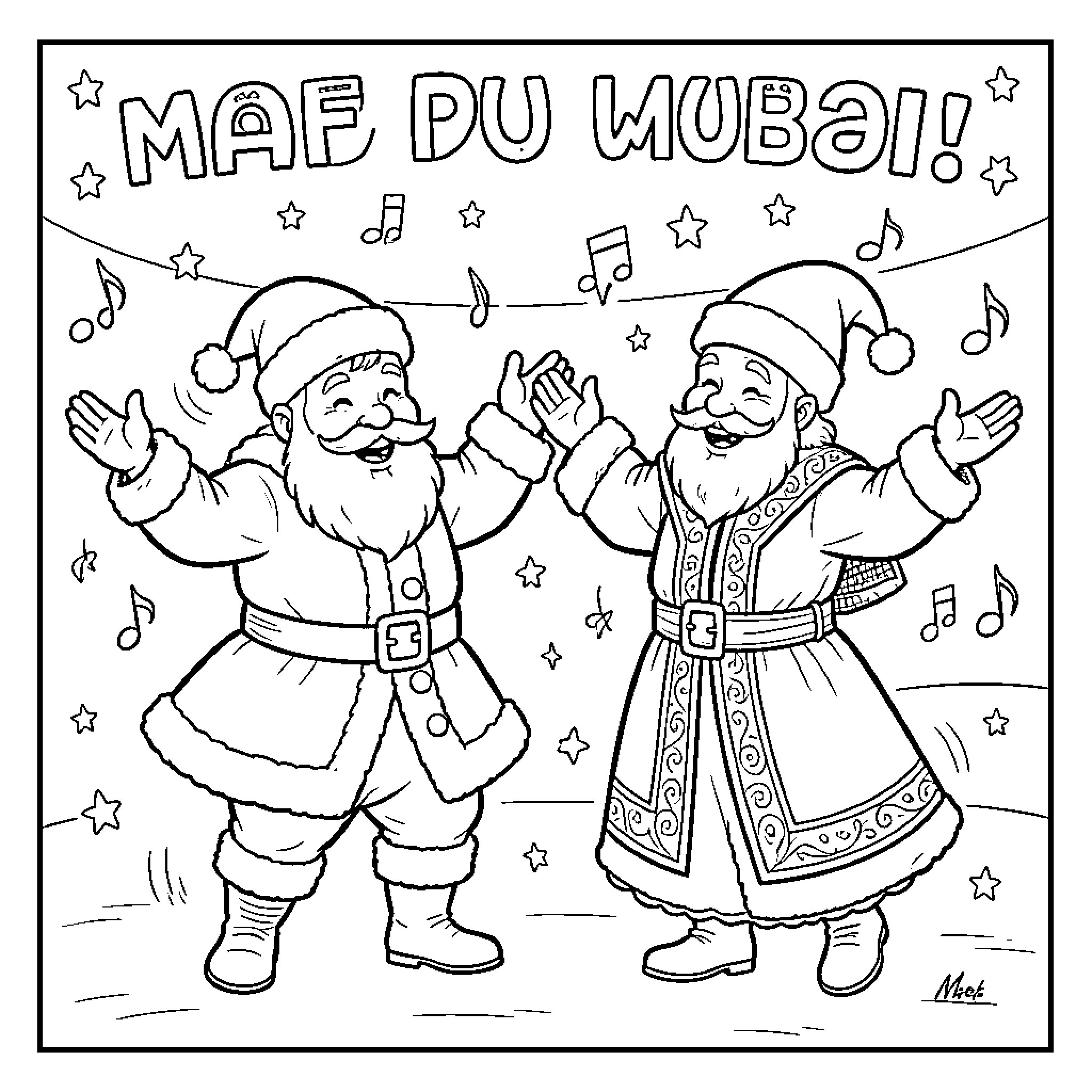 Père Noël dancing and singing with joy Coloring Page (free black-and-white line drawing printable PDF for all, from beginners to advanced learners, including children, teens, adults, and seniors)