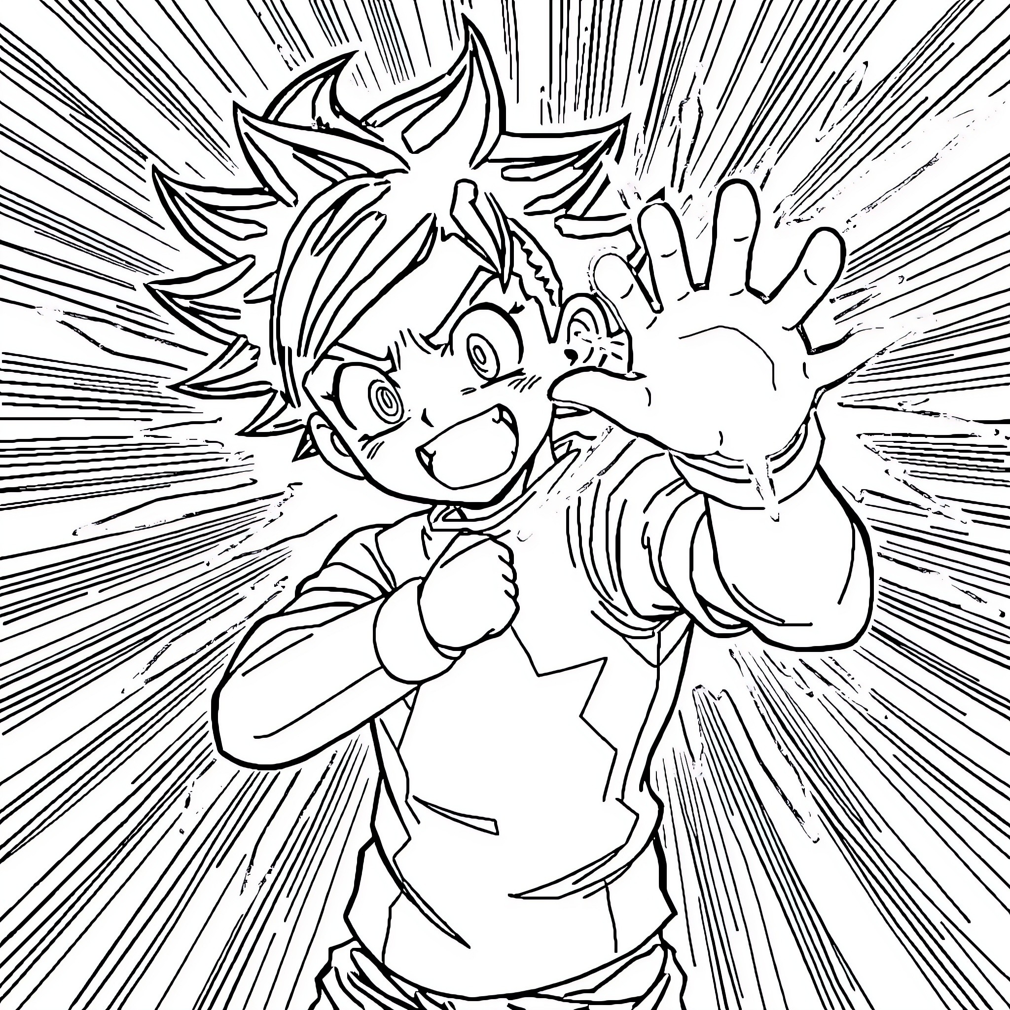 Deku's Dynamic Action Pose Coloring Page (free black-and-white line drawing printable PDF for all, from beginners to advanced learners, including children, teens, adults, and seniors)
