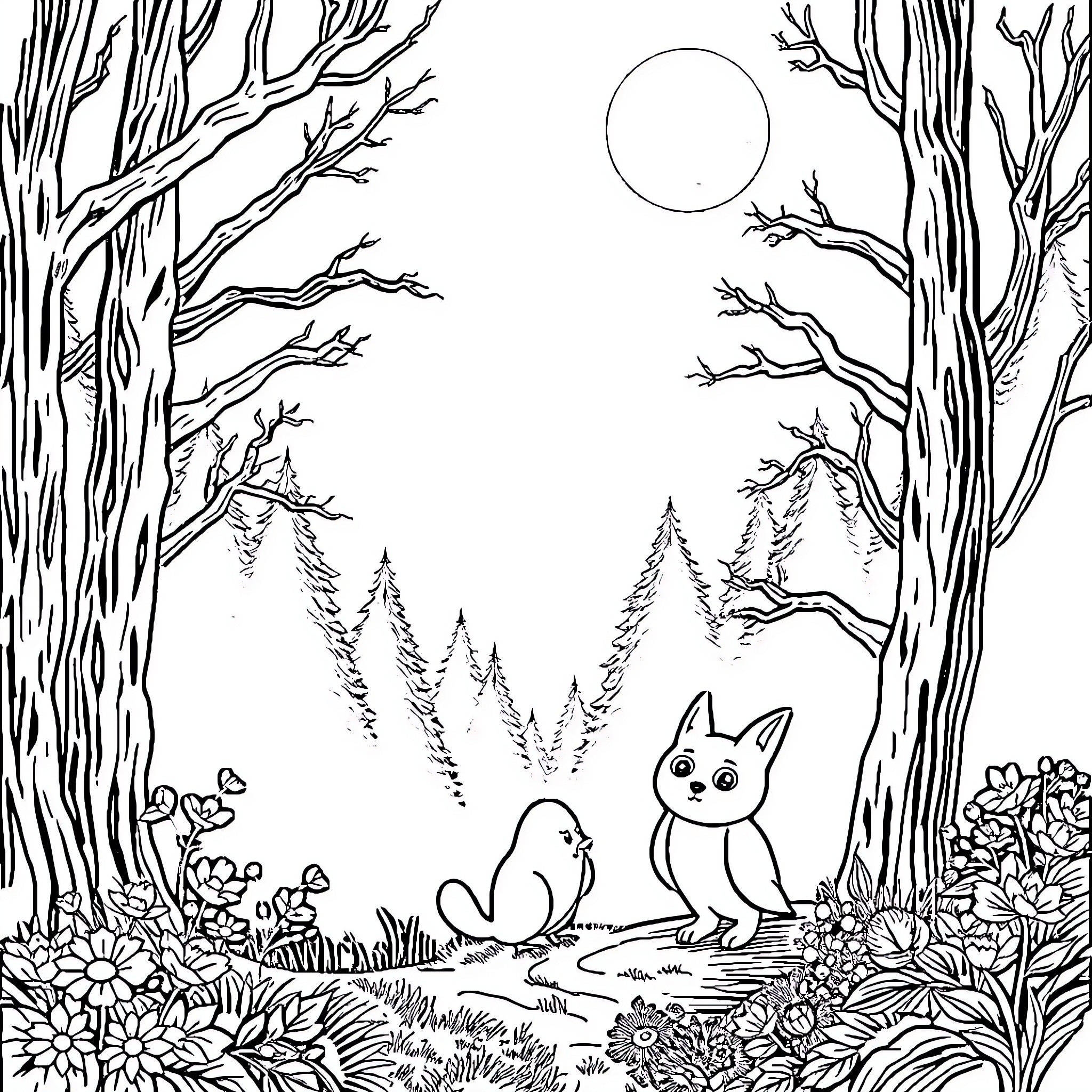 Animal friends in a moonlit forest Coloring Page (free black-and-white line drawing printable PDF for all, from beginners to advanced learners, including children, teens, adults, and seniors)