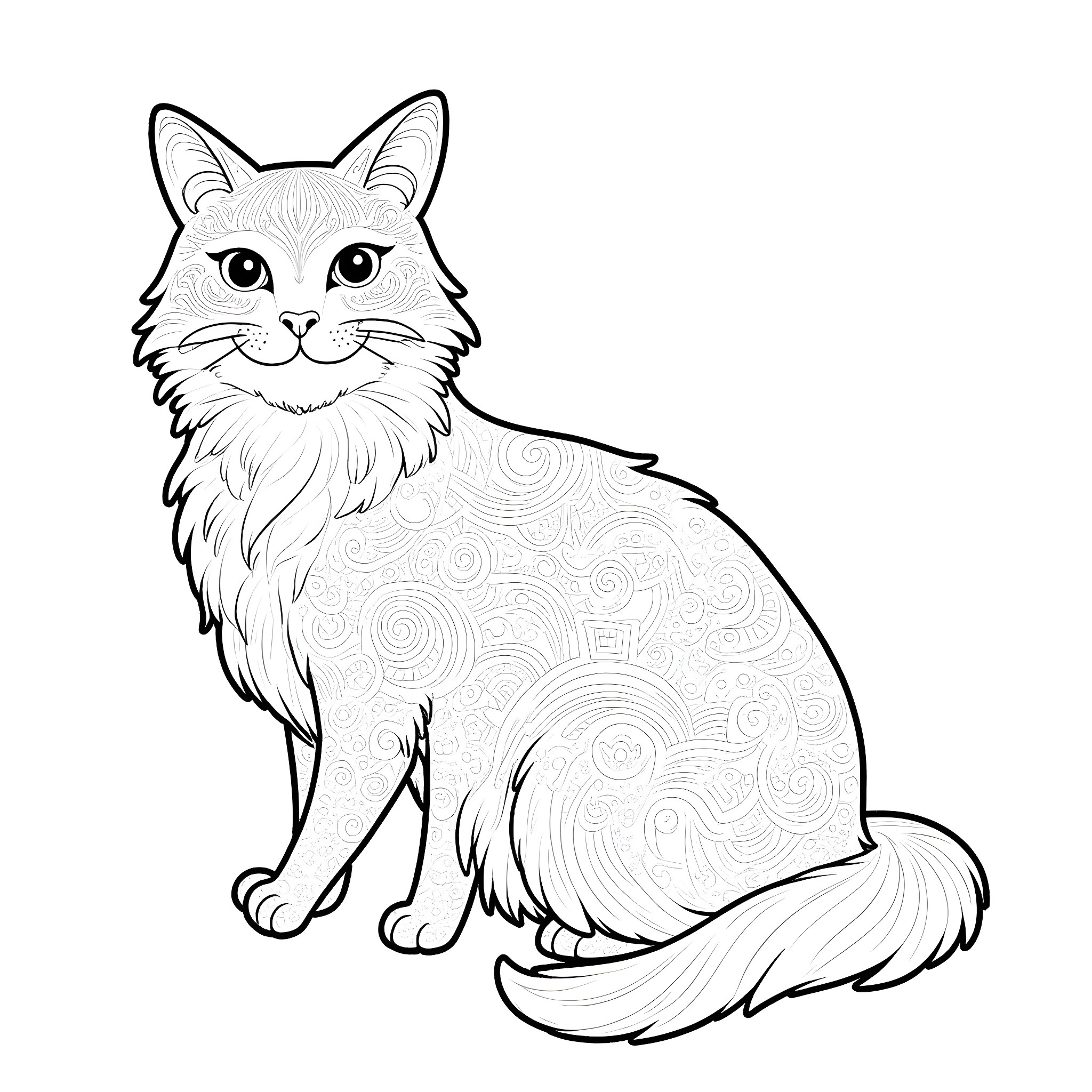 Cat with Intricate Patterned Fur Coloring Page (free black-and-white line drawing printable PDF for all, from beginners to advanced learners, including children, teens, adults, and seniors)