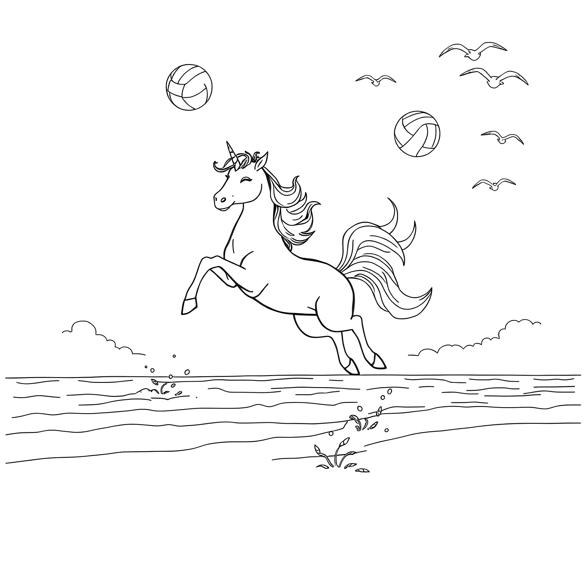 Unicorn running joyfully by the seaside Coloring Page (free black-and-white line drawing printable PDF for all, from beginners to advanced learners, including children, teens, adults, and seniors)