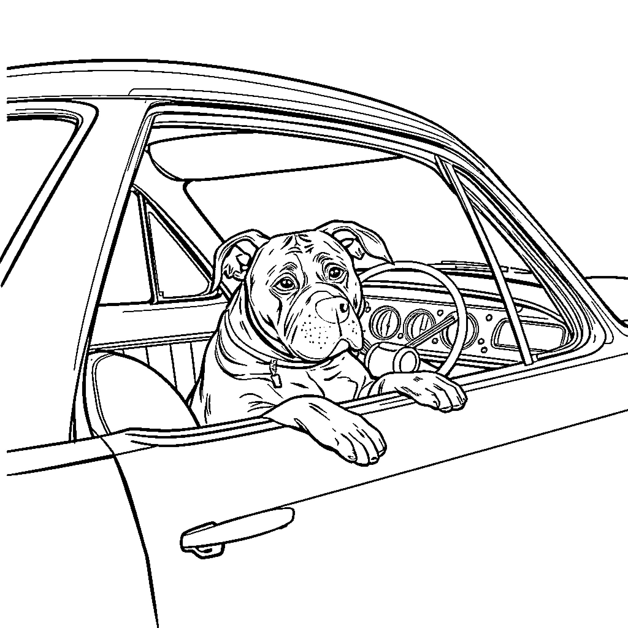 Pitbull pup riding in a vintage car Coloring Page (free black-and-white line drawing printable PDF for all, from beginners to advanced learners, including children, teens, adults, and seniors)