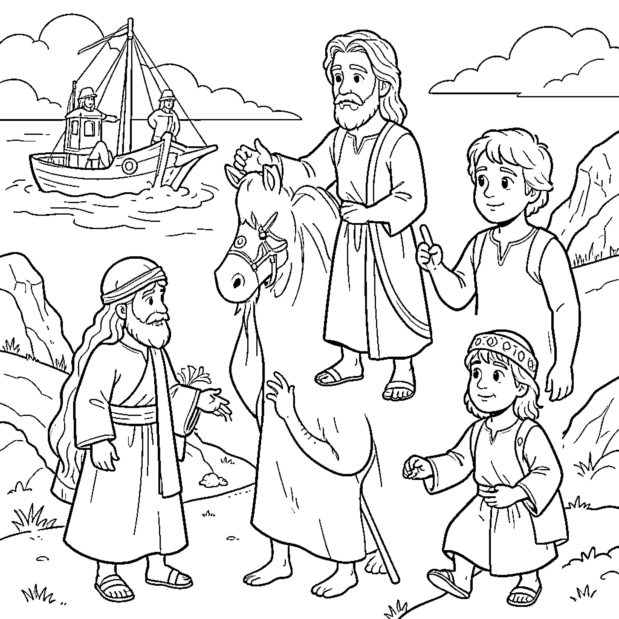 Bible Character teaching people near a boat and donkey Coloring Page (free black-and-white line drawing printable PDF for all, from beginners to advanced learners, including children, teens, adults, and seniors)