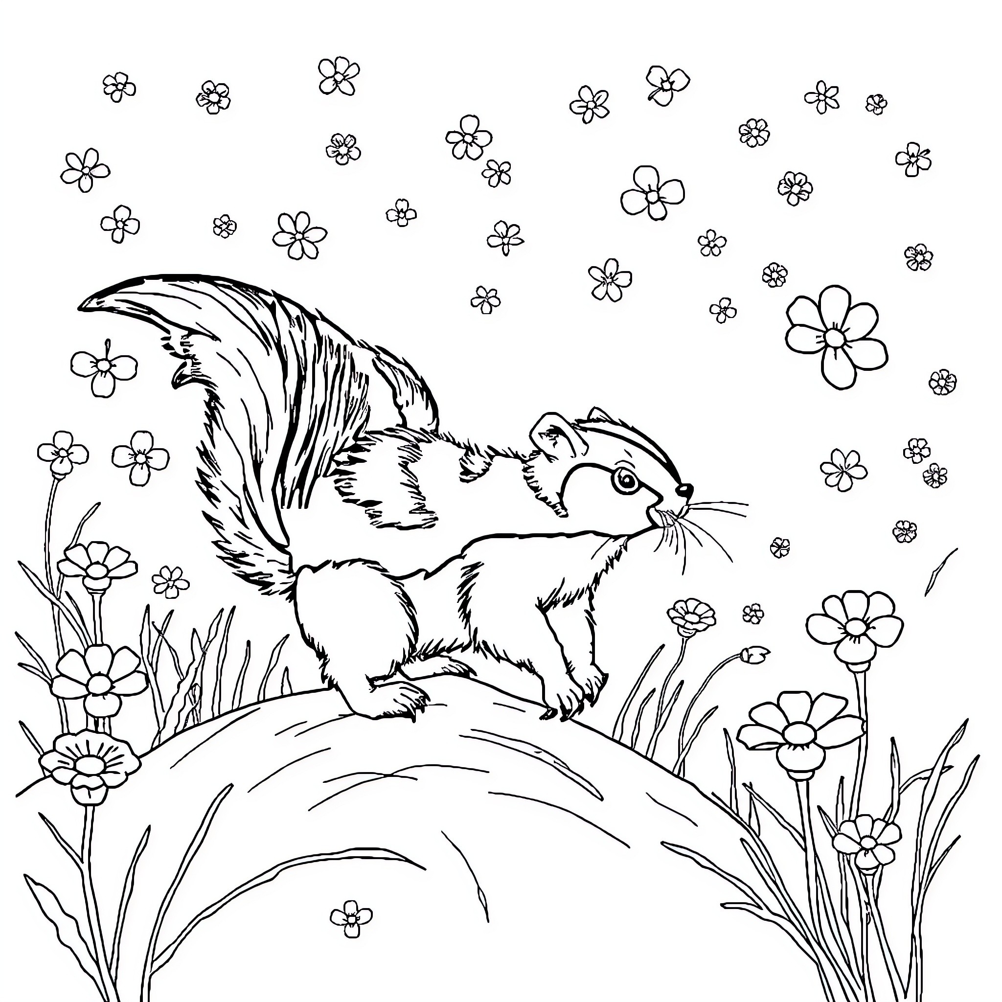Taz the Squirrel's Flower-Filled Adventure Coloring Page (free black-and-white line drawing printable PDF for all, from beginners to advanced learners, including children, teens, adults, and seniors)
