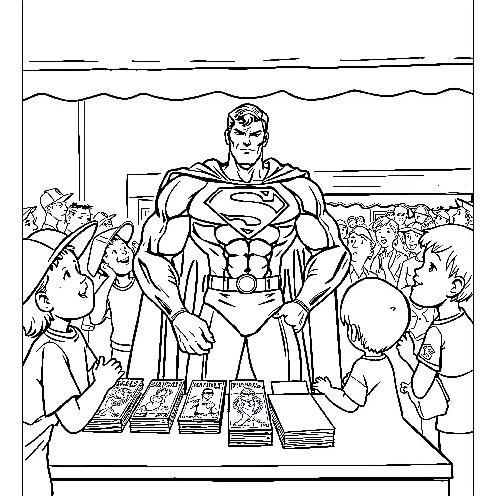 Superman signing comics for adoring fans Coloring Page (free black-and-white line drawing printable PDF for all, from beginners to advanced learners, including children, teens, adults, and seniors)