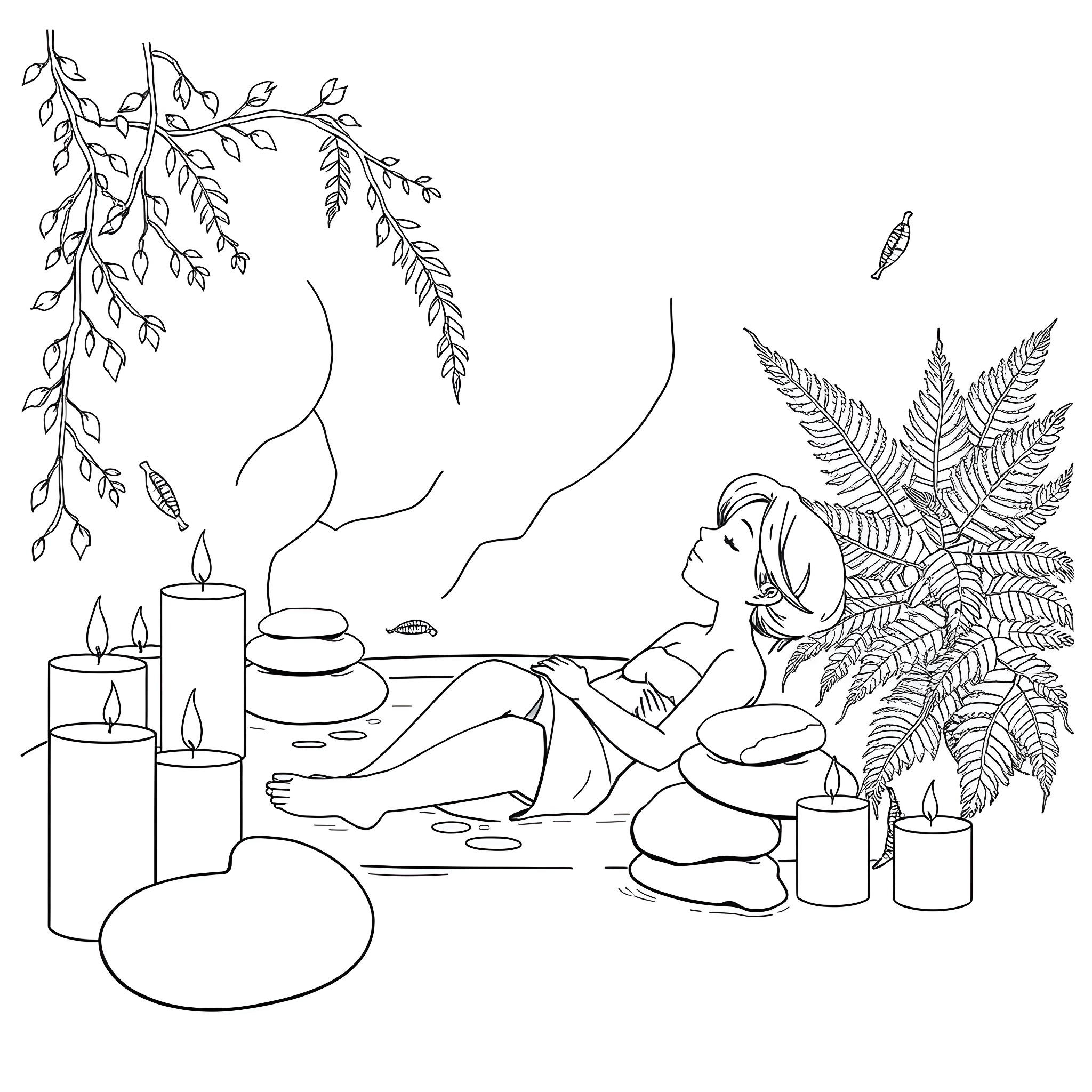 Frieren enjoying a peaceful moment by the candlelight Coloring Page (free black-and-white line drawing printable PDF for all, from beginners to advanced learners, including children, teens, adults, and seniors)