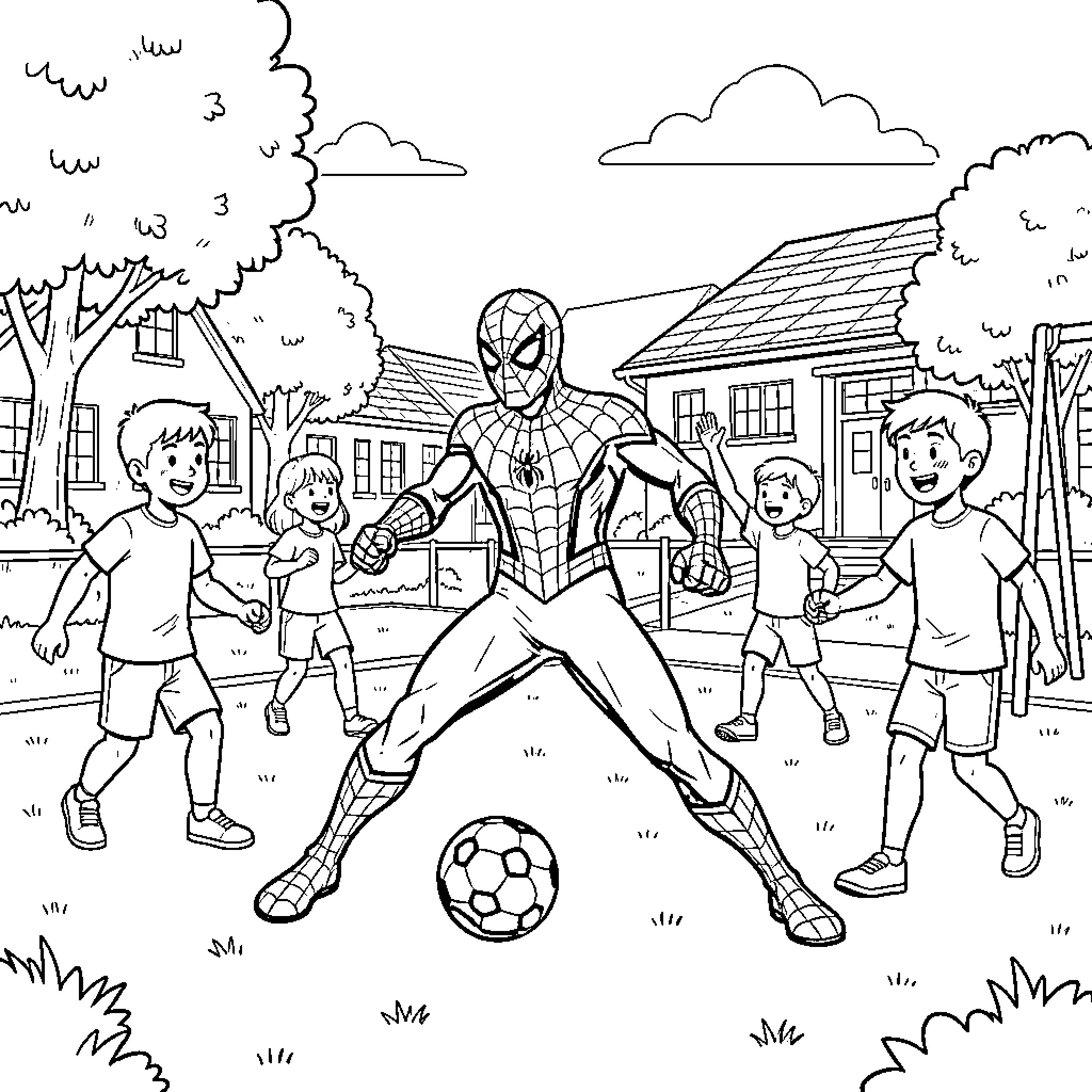 Spiderman playing soccer with group of children Coloring Page (free black-and-white line drawing printable PDF for all, from beginners to advanced learners, including children, teens, adults, and seniors)
