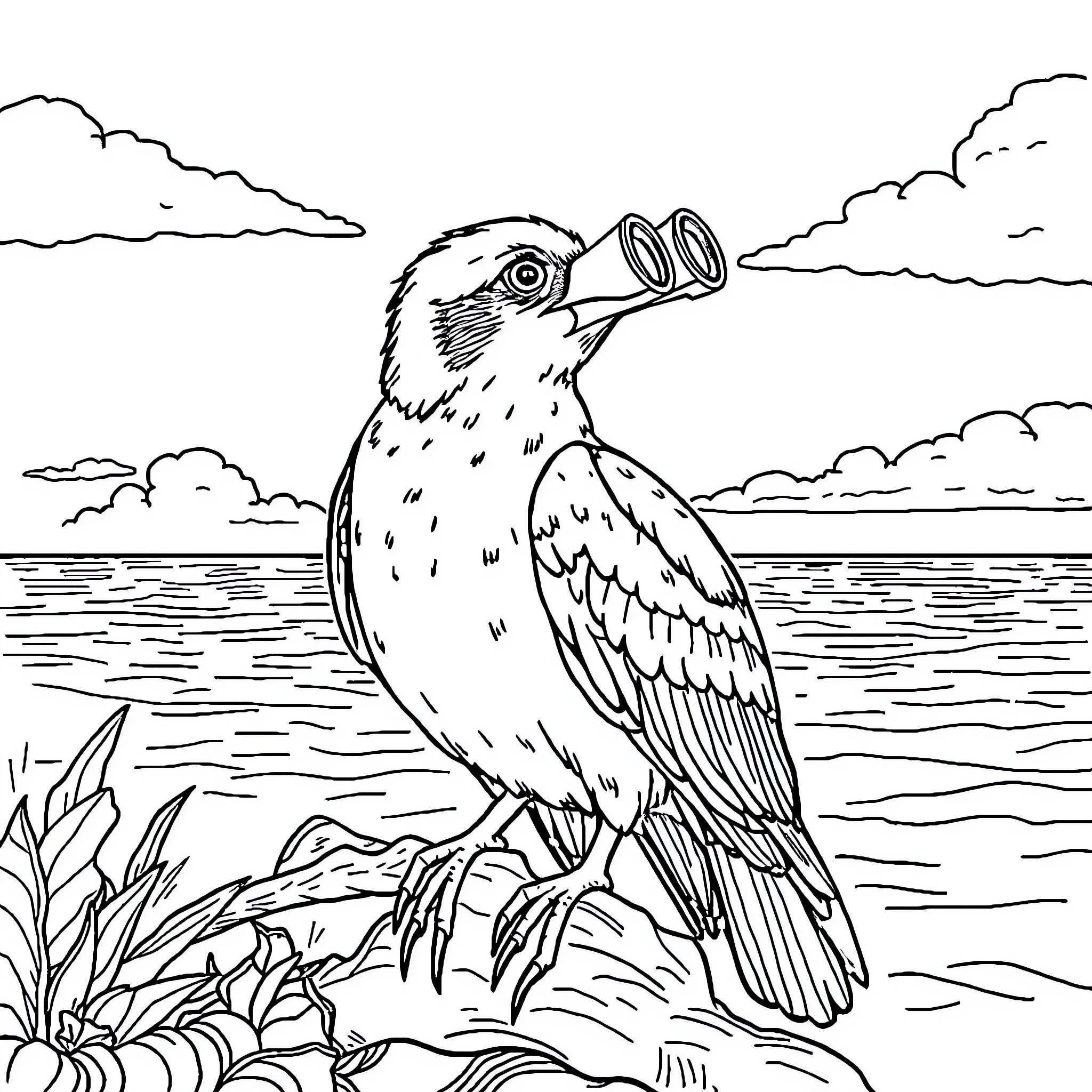 Gaviota observing the coastal scenery Coloring Page (free black-and-white line drawing printable PDF for all, from beginners to advanced learners, including children, teens, adults, and seniors)