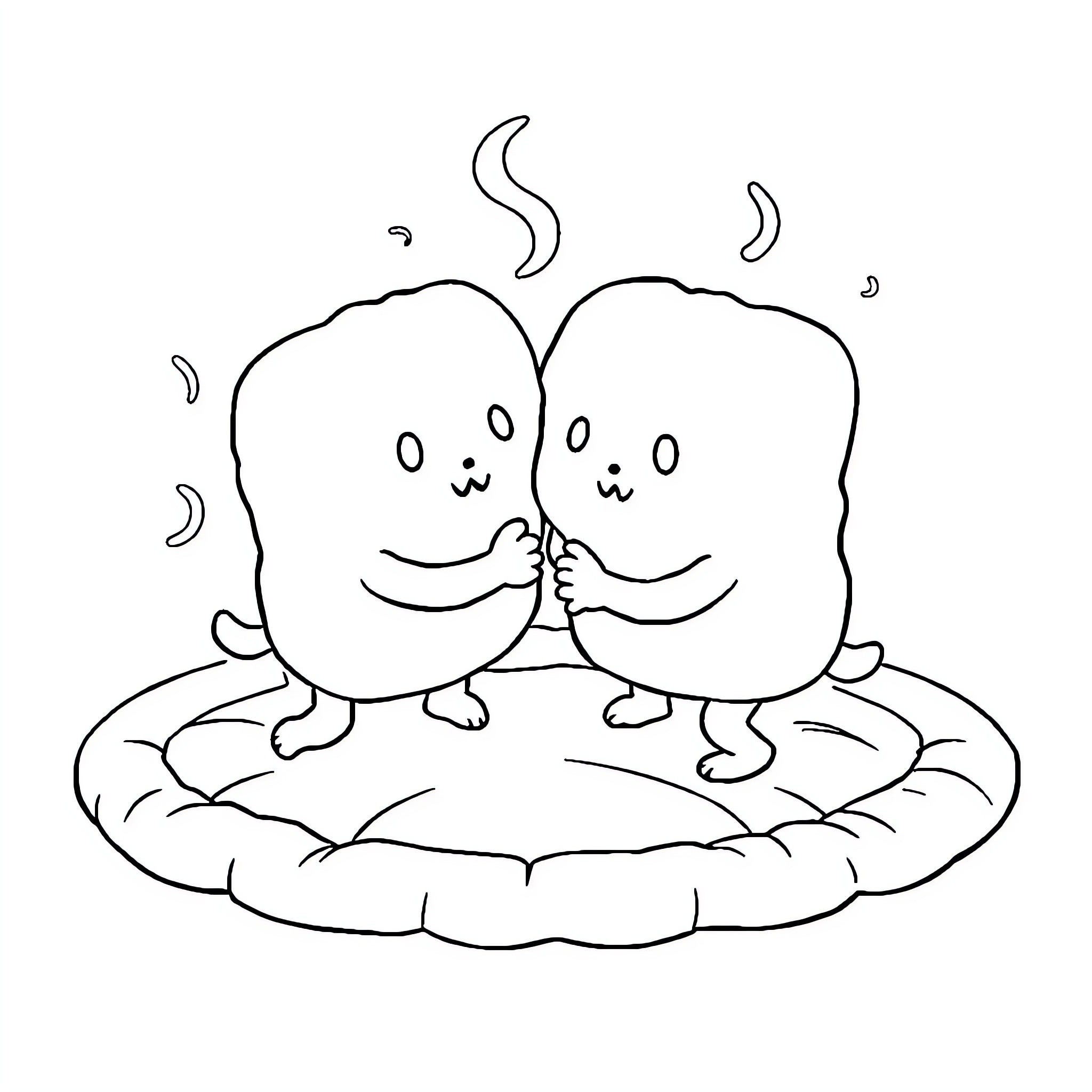 Squishmallow friends sharing a cozy pillow Coloring Page (free black-and-white line drawing printable PDF for all, from beginners to advanced learners, including children, teens, adults, and seniors)