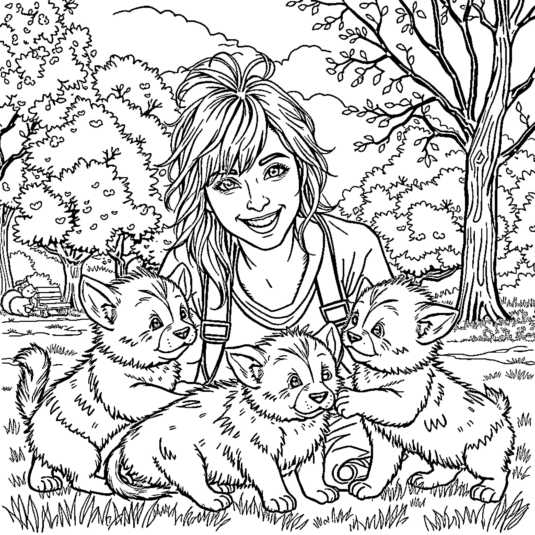 Irish Woman with Playful Puppies in Countryside Coloring Page (free black-and-white line drawing printable PDF for all, from beginners to advanced learners, including children, teens, adults, and seniors)