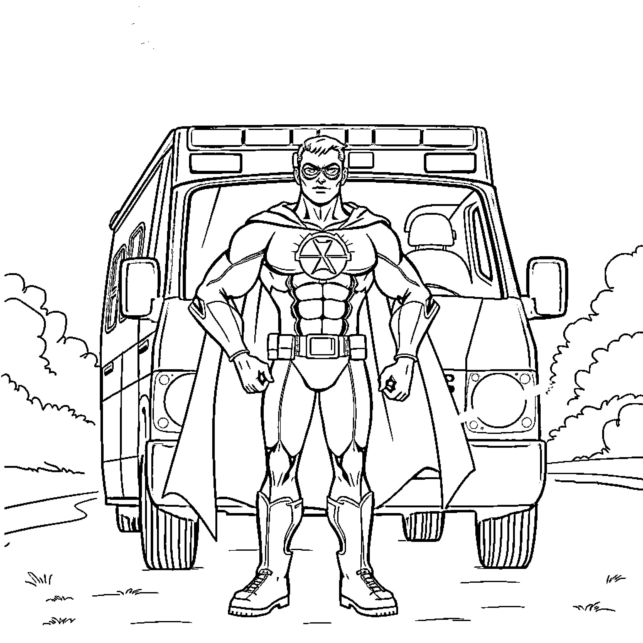 Superhero Standing Tall in Front of Rescue Vehicle Coloring Page (free black-and-white line drawing printable PDF for all, from beginners to advanced learners, including children, teens, adults, and seniors)