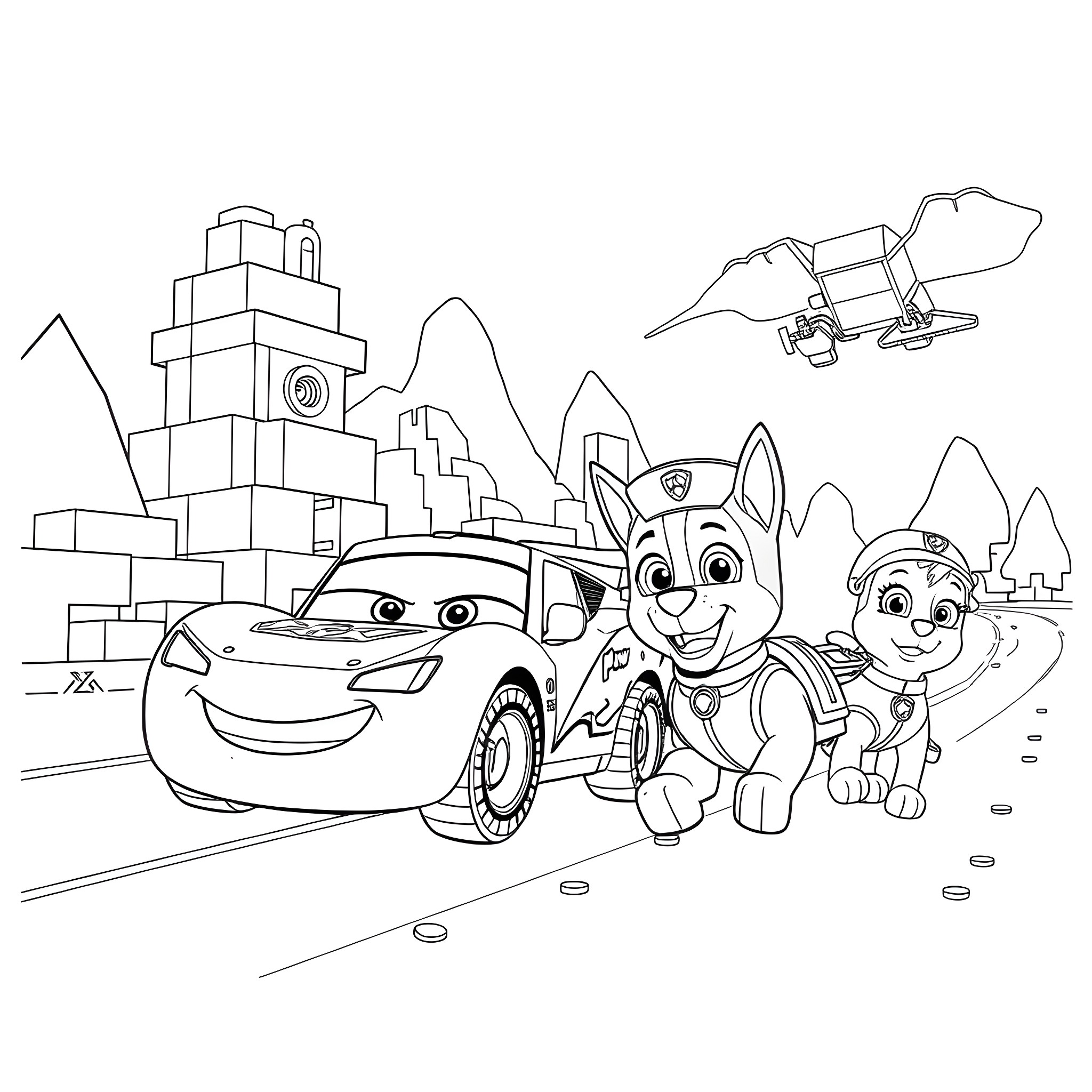 Lego characters in an adventure scene Coloring Page (free black-and-white line drawing printable PDF for all, from beginners to advanced learners, including children, teens, adults, and seniors)