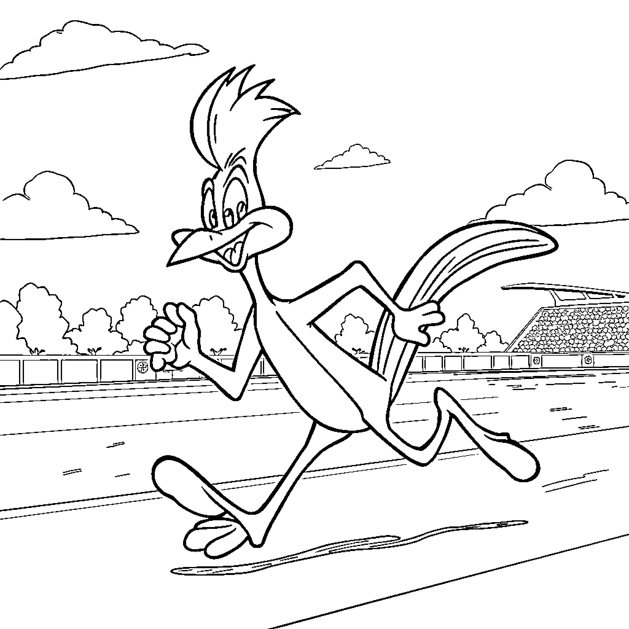 Roadrunner dashing through the desert landscape Coloring Page (free black-and-white line drawing printable PDF for all, from beginners to advanced learners, including children, teens, adults, and seniors)