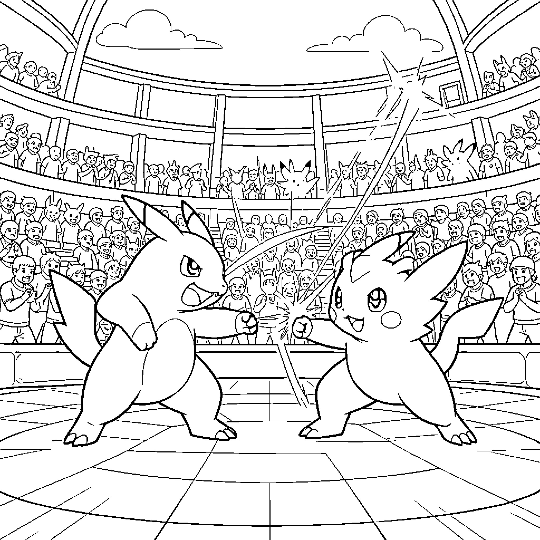 Pokémon battling intensely inside a large crowded stadium Coloring Page (free black-and-white line drawing printable PDF for all, from beginners to advanced learners, including children, teens, adults, and seniors)