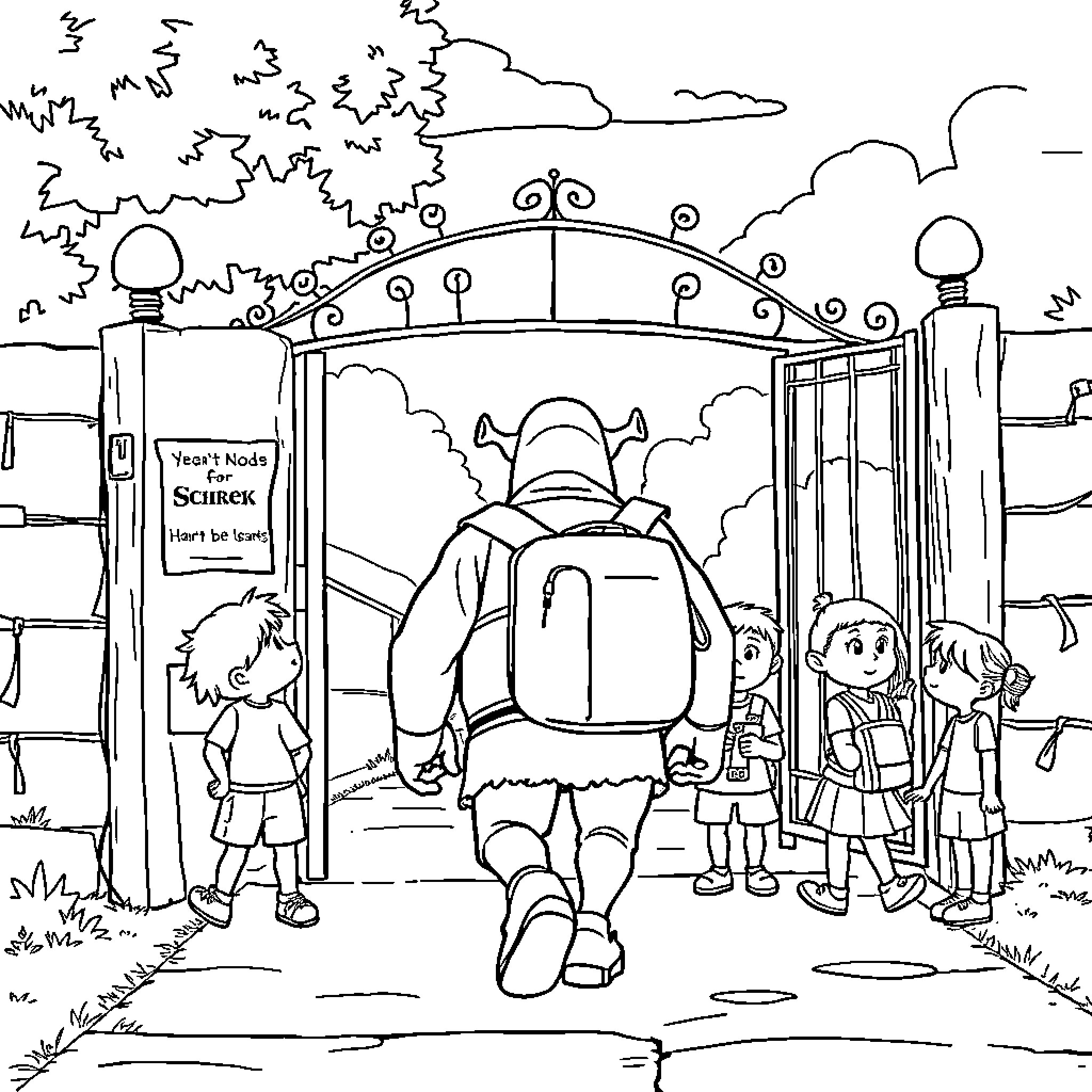 Shrek welcomes students to school with excitement Coloring Page (free black-and-white line drawing printable PDF for all, from beginners to advanced learners, including children, teens, adults, and seniors)