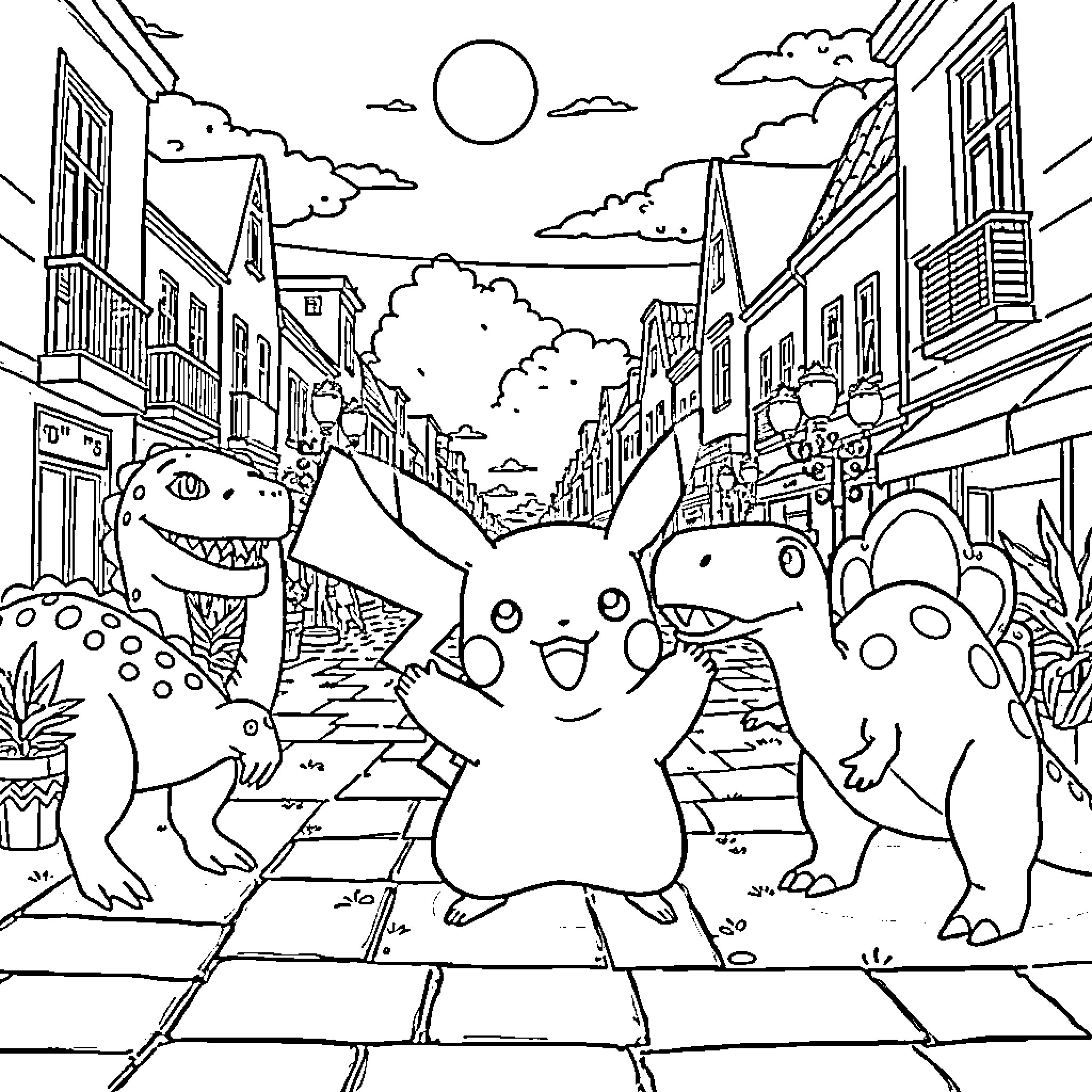 Pikachu and Friends Explore the Colorful Town Coloring Page (free black-and-white line drawing printable PDF for all, from beginners to advanced learners, including children, teens, adults, and seniors)