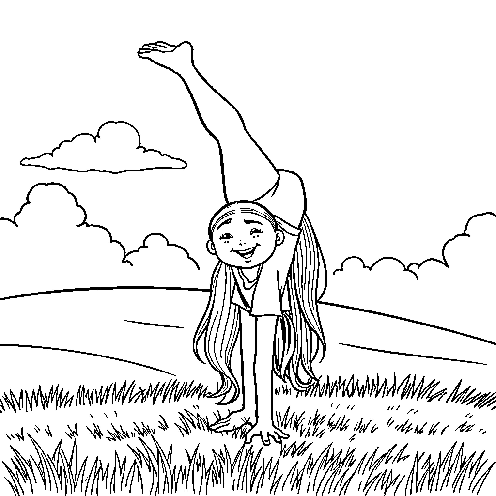 Girl stretching joyfully in grassy field Coloring Page (free black-and-white line drawing printable PDF for all, from beginners to advanced learners, including children, teens, adults, and seniors)