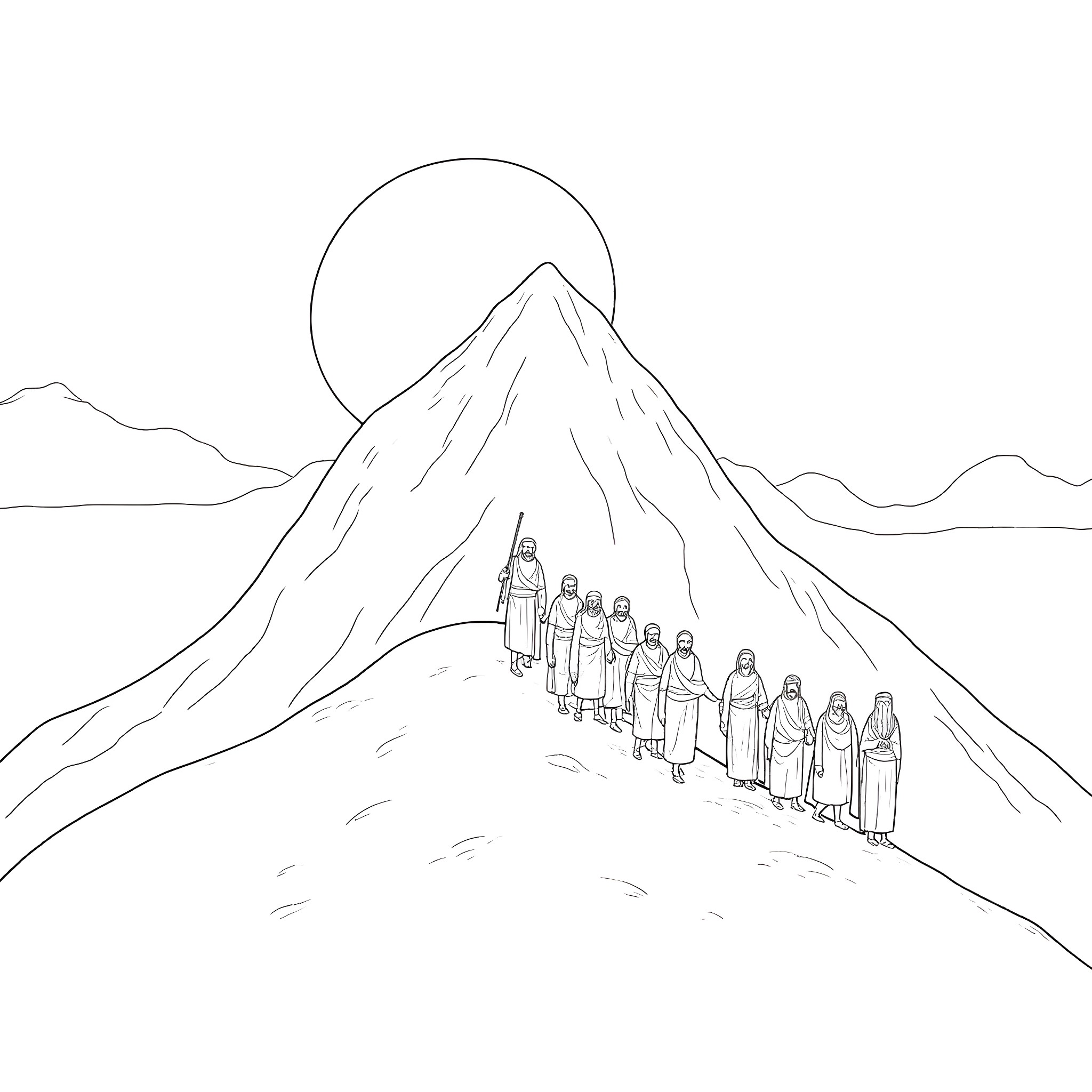 Moses leading his people through the mountains Coloring Page (free black-and-white line drawing printable PDF for all, from beginners to advanced learners, including children, teens, adults, and seniors)