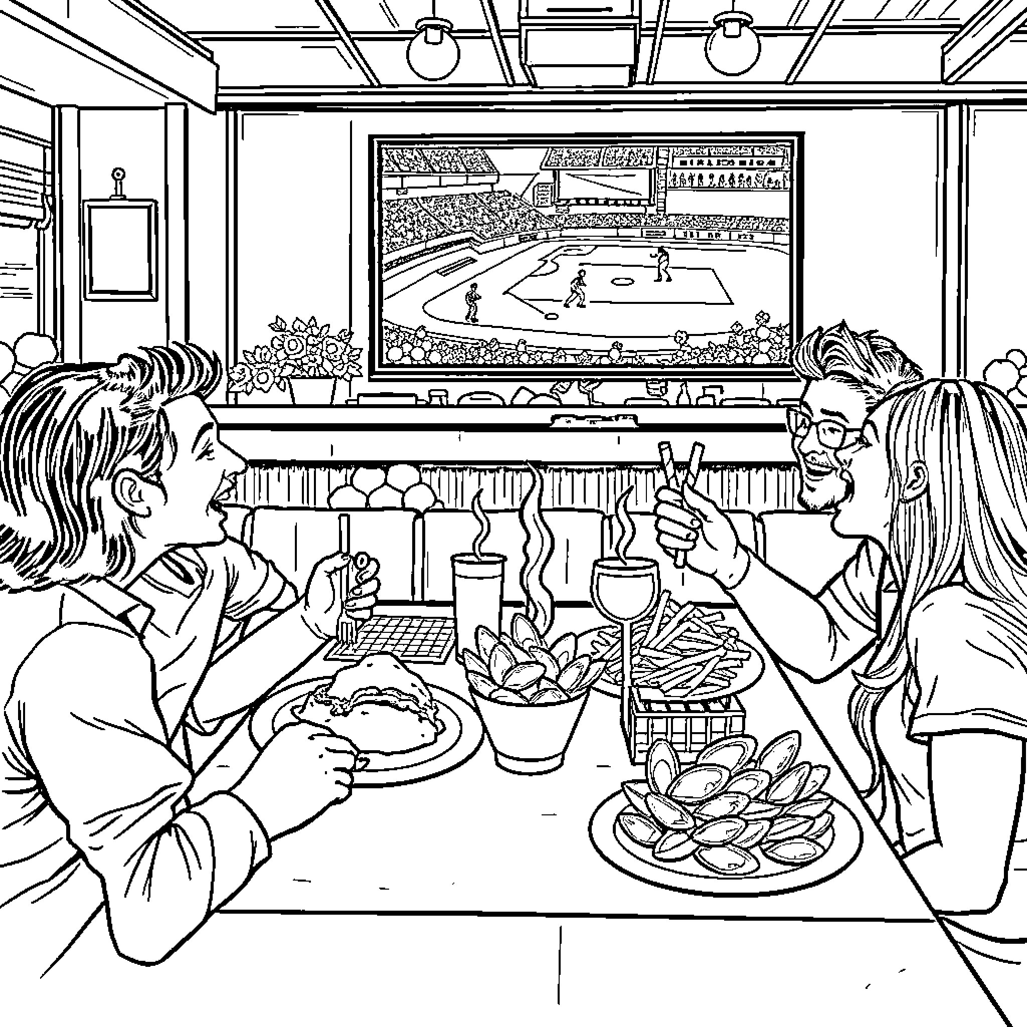 Friendship enjoying sports and dining together Coloring Page (free black-and-white line drawing printable PDF for all, from beginners to advanced learners, including children, teens, adults, and seniors)