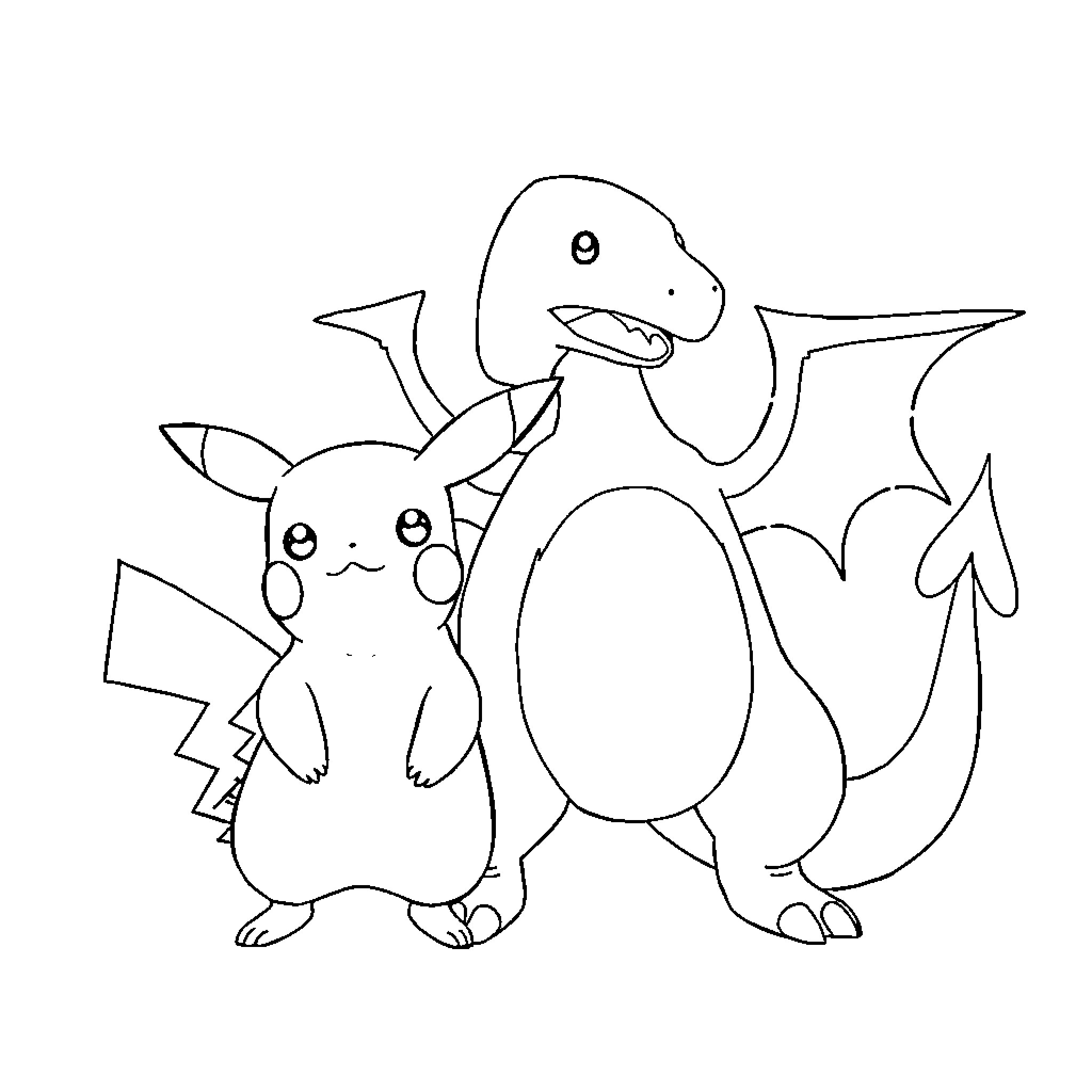 Pikachu and Charizard playing happily together Coloring Page (free black-and-white line drawing printable PDF for all, from beginners to advanced learners, including children, teens, adults, and seniors)
