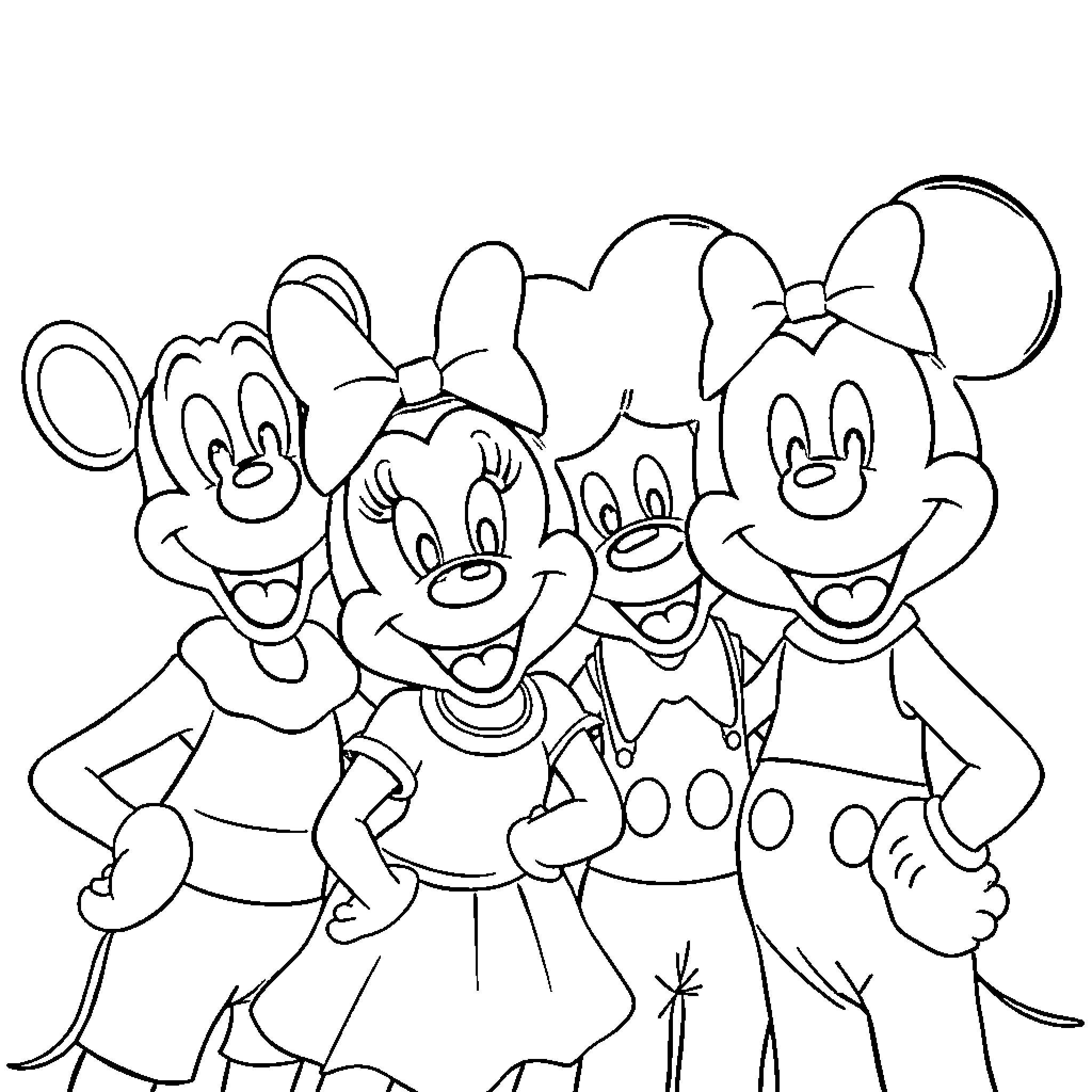 Disney Characters in Cheerful Poses Coloring Page (free black-and-white line drawing printable PDF for all, from beginners to advanced learners, including children, teens, adults, and seniors)