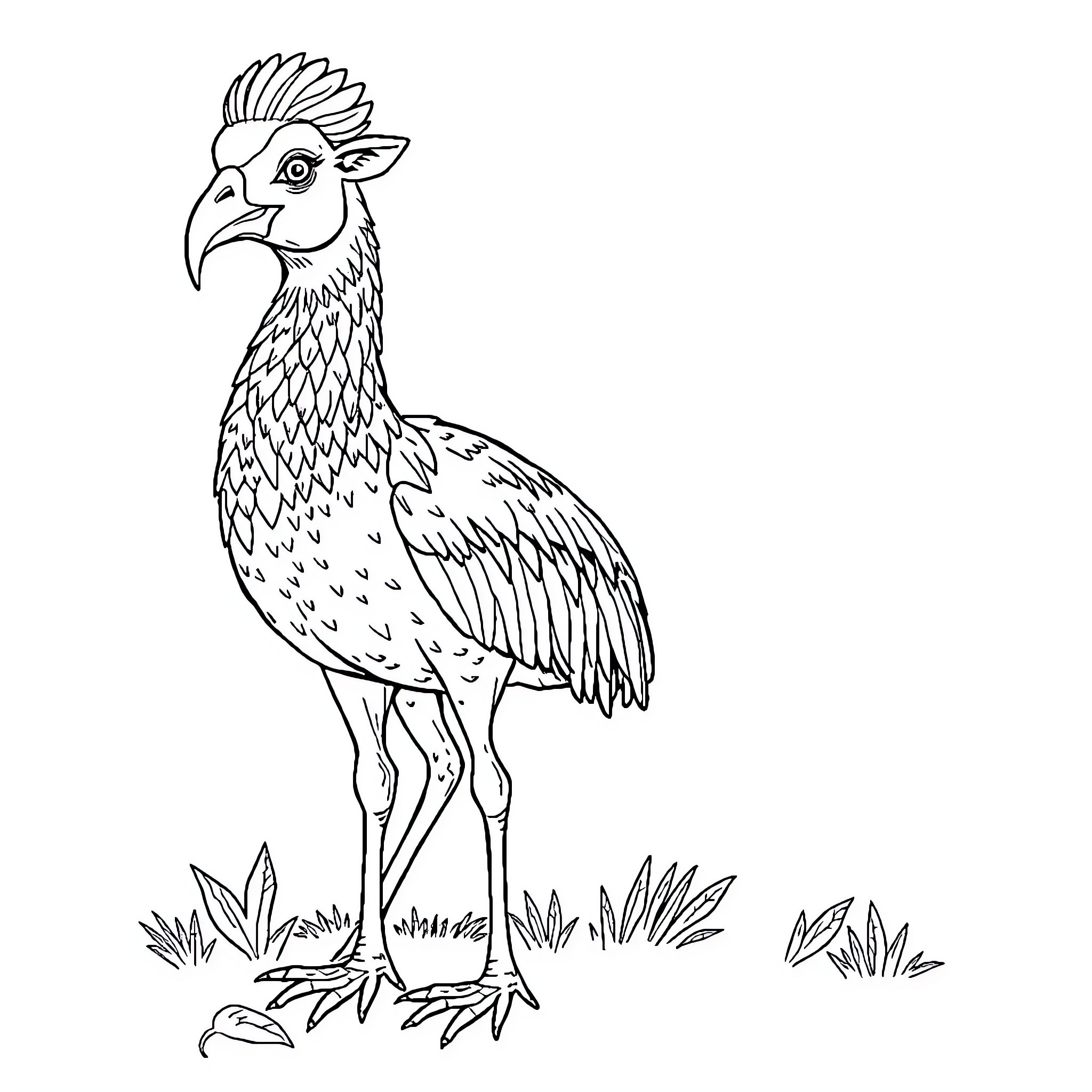Goat-like bird standing on grass Coloring Page (free black-and-white line drawing printable PDF for all, from beginners to advanced learners, including children, teens, adults, and seniors)