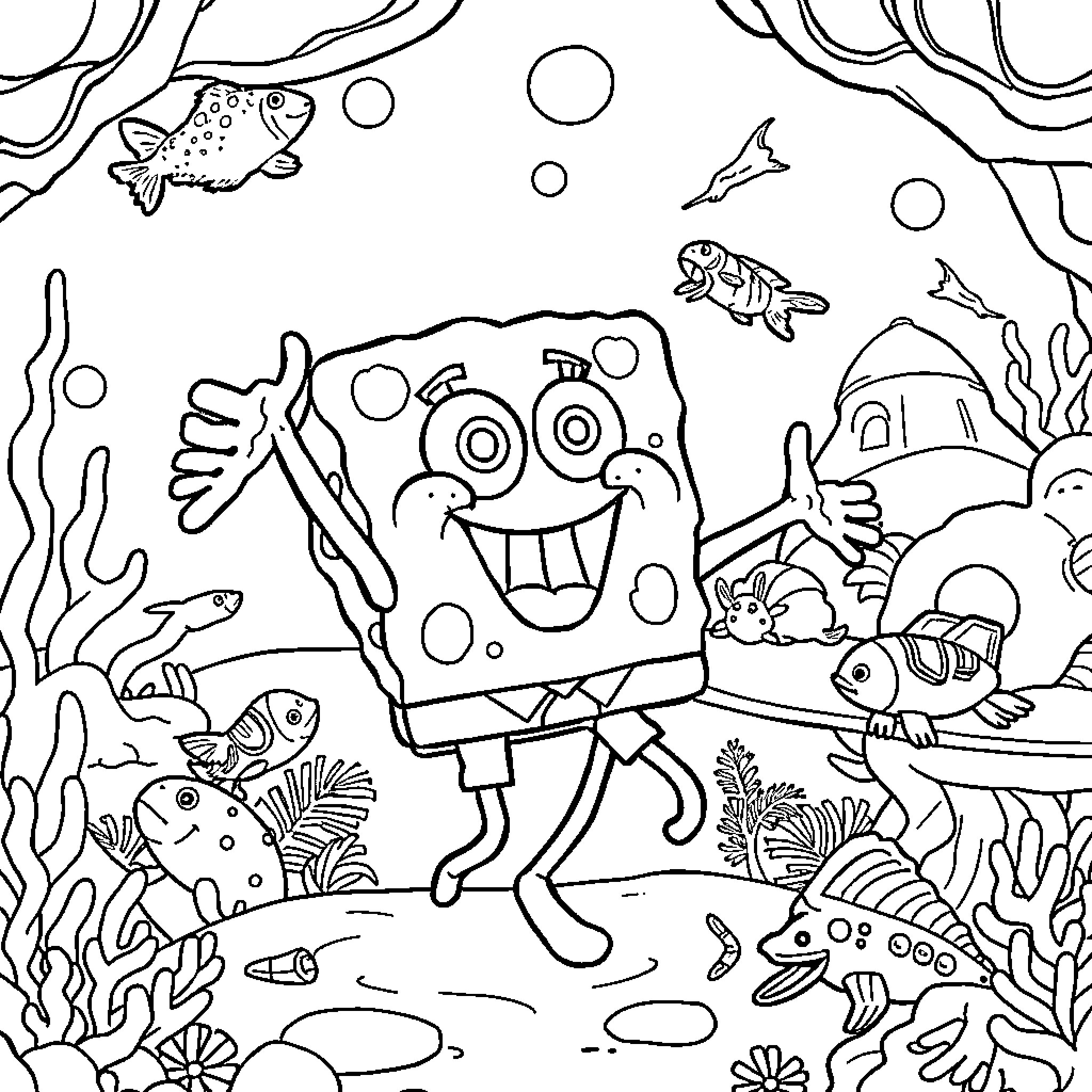 Spongebob's Underwater Adventure Coloring Page (free black-and-white line drawing printable PDF for all, from beginners to advanced learners, including children, teens, adults, and seniors)