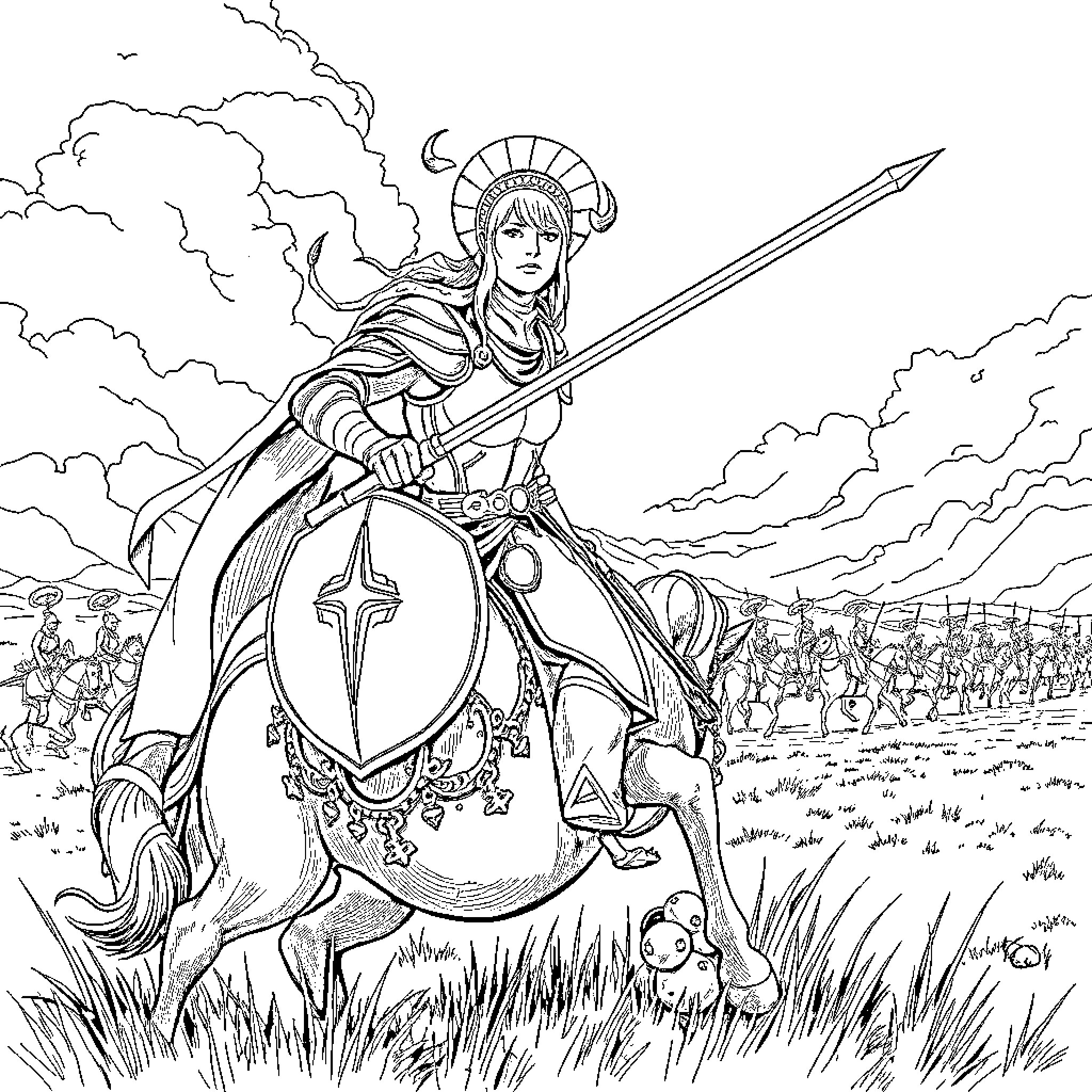 Aries warrior marching into battle with shield and spear Coloring Page (free black-and-white line drawing printable PDF for all, from beginners to advanced learners, including children, teens, adults, and seniors)