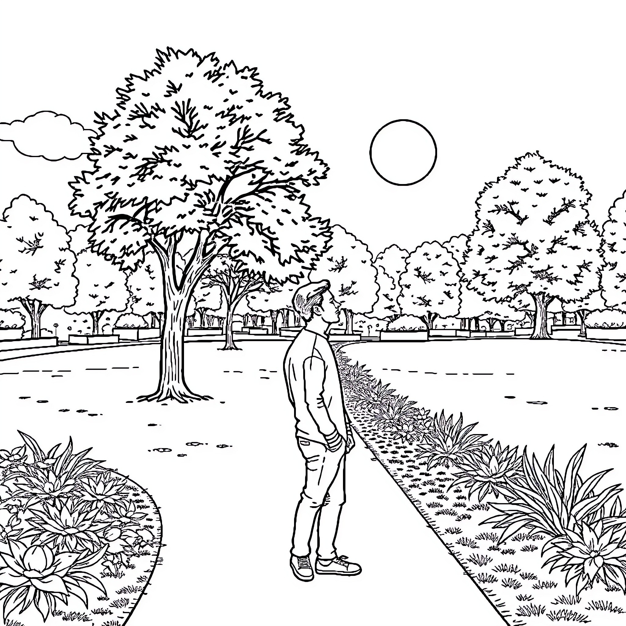 Man walking alone through a serene garden Coloring Page (free black-and-white line drawing printable PDF for all, from beginners to advanced learners, including children, teens, adults, and seniors)