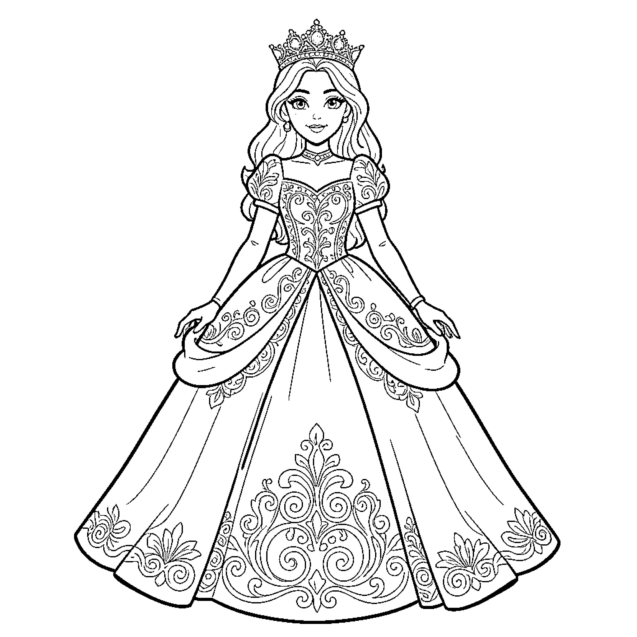 Princess in Elegant Gown with Crown Coloring Page (free black-and-white line drawing printable PDF for all, from beginners to advanced learners, including children, teens, adults, and seniors)