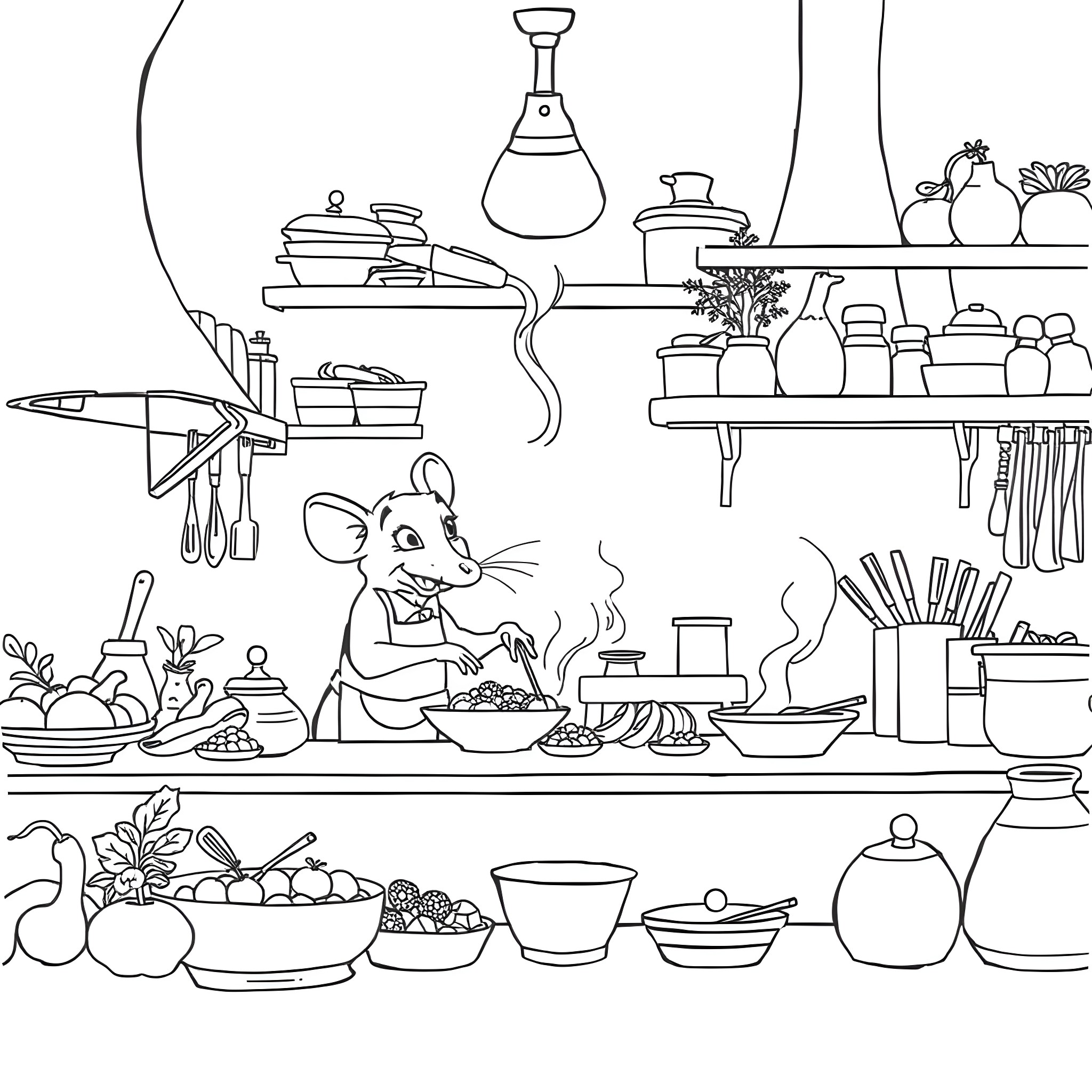 Ratatouille cooking in a charming kitchen Coloring Page (free black-and-white line drawing printable PDF for all, from beginners to advanced learners, including children, teens, adults, and seniors)