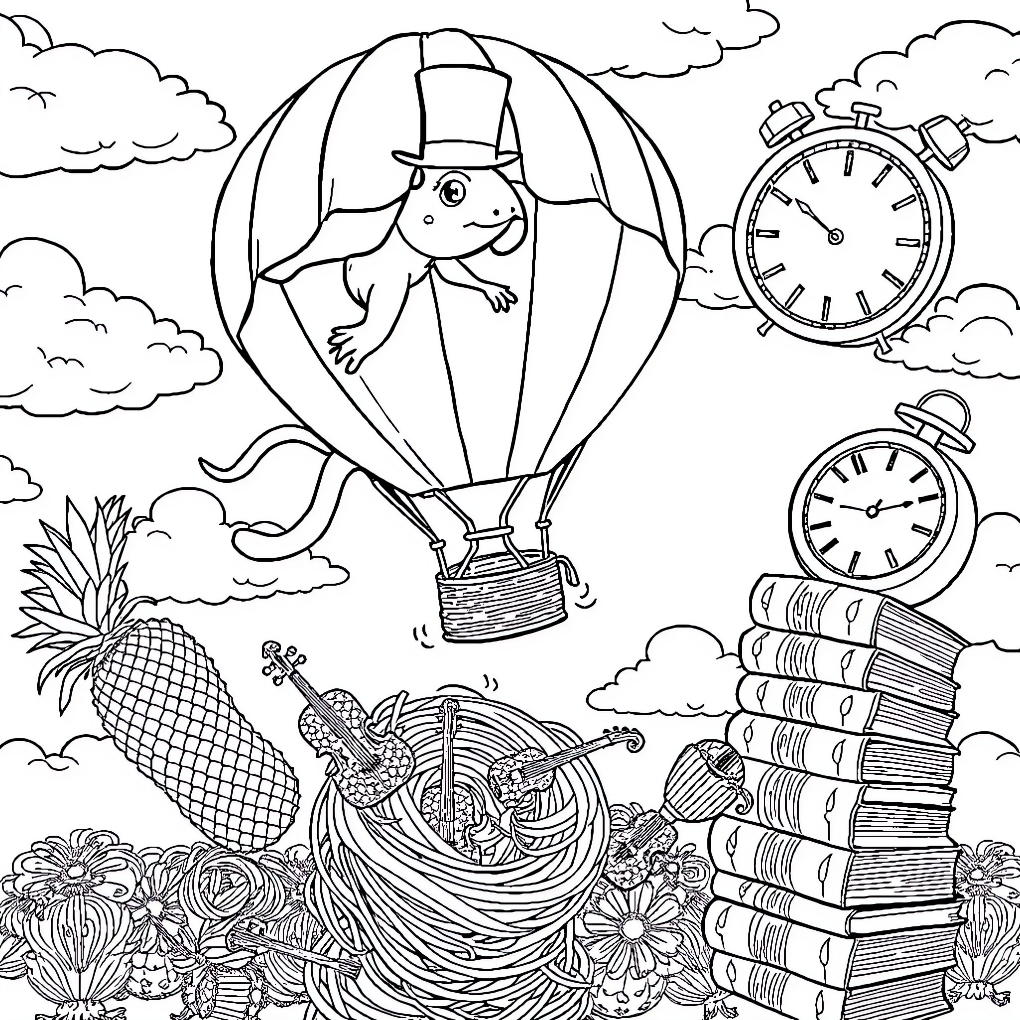 Platypus embarking on a whimsical hot air balloon adventure Coloring Page (free black-and-white line drawing printable PDF for all, from beginners to advanced learners, including children, teens, adults, and seniors)
