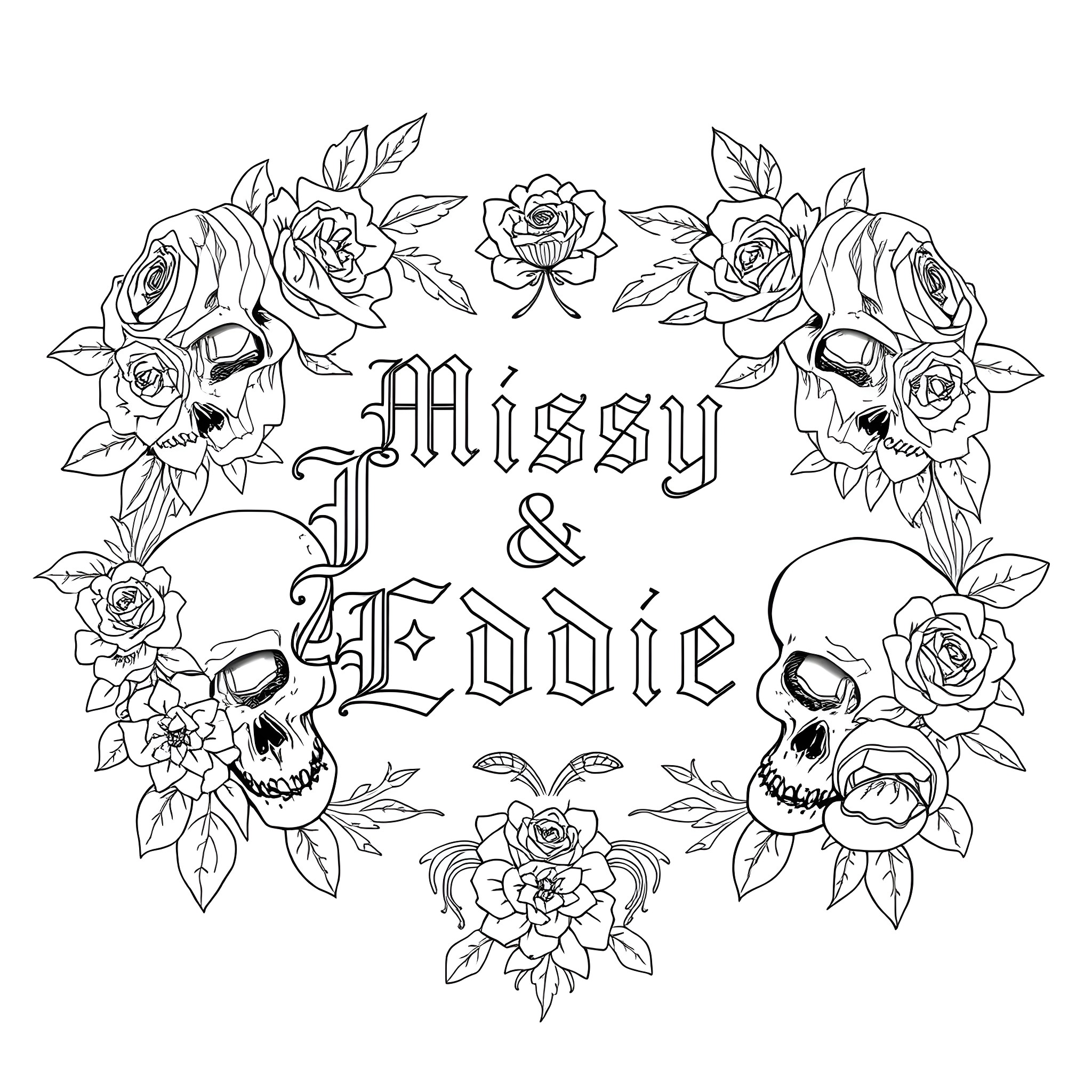 Skull & Floral Embellished Monogram Coloring Page (free black-and-white line drawing printable PDF for all, from beginners to advanced learners, including children, teens, adults, and seniors)