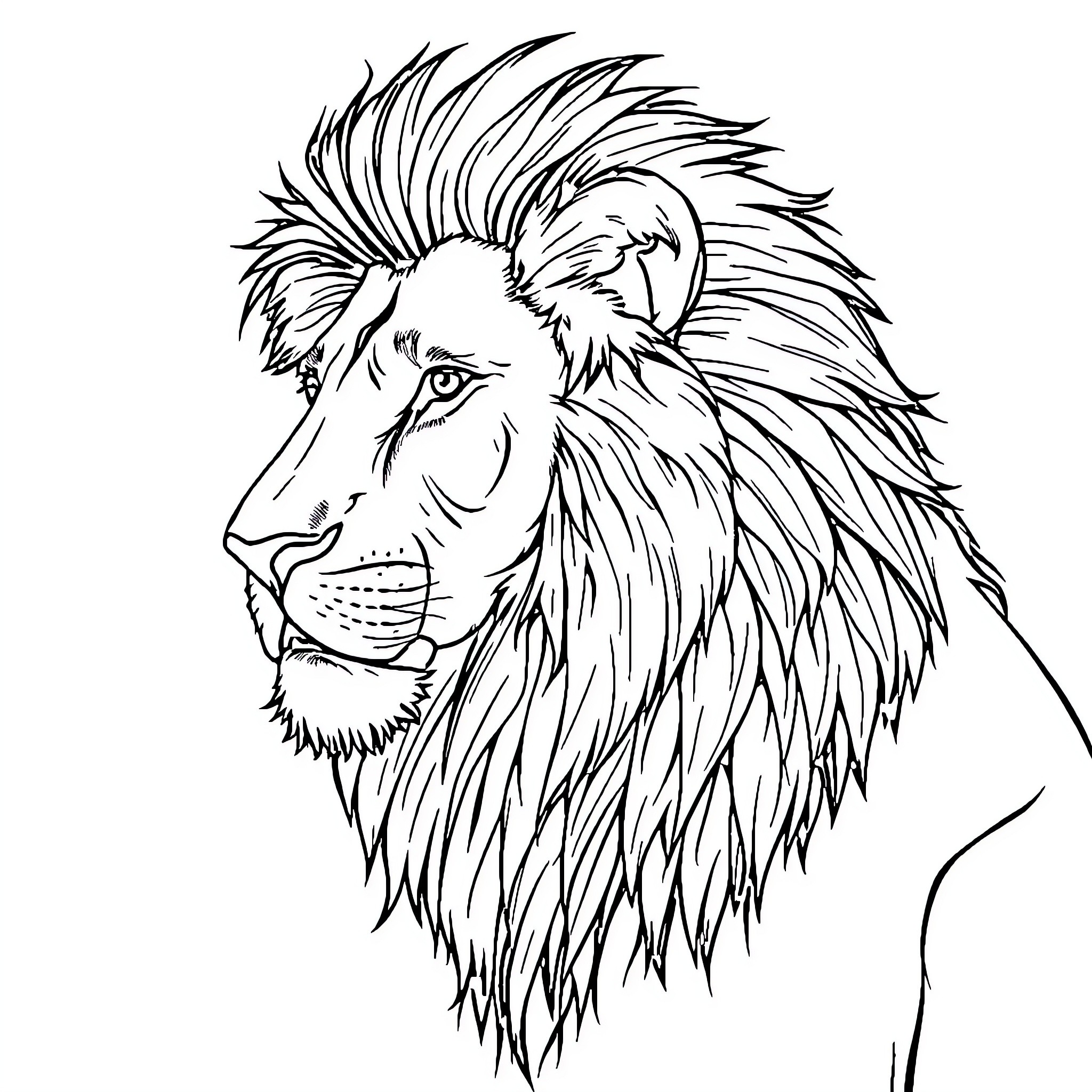 Lion with Expressive Mane Coloring Page (free black-and-white line drawing printable PDF for all, from beginners to advanced learners, including children, teens, adults, and seniors)