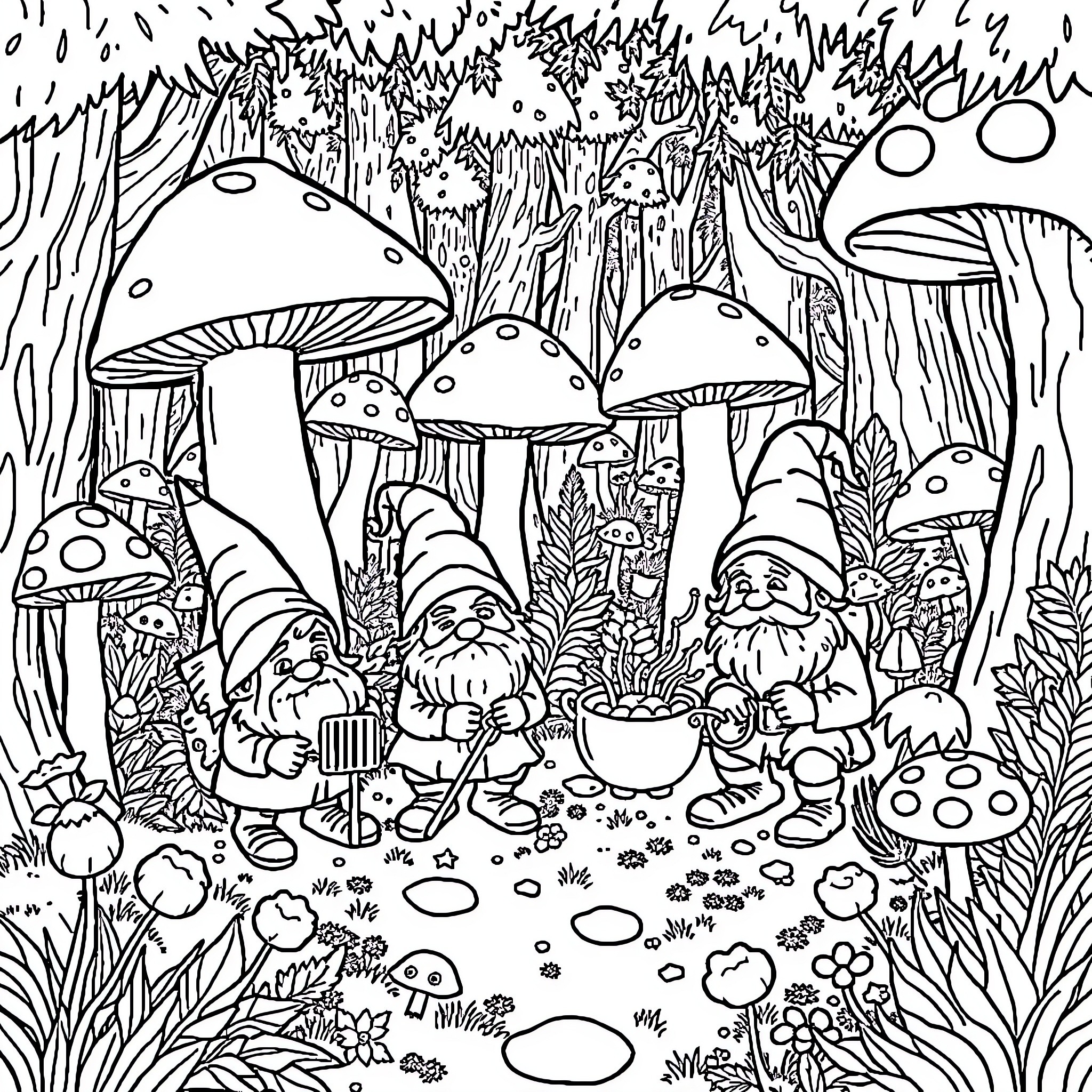 Gnome enjoying a picnic in the enchanted forest Coloring Page (free black-and-white line drawing printable PDF for all, from beginners to advanced learners, including children, teens, adults, and seniors)