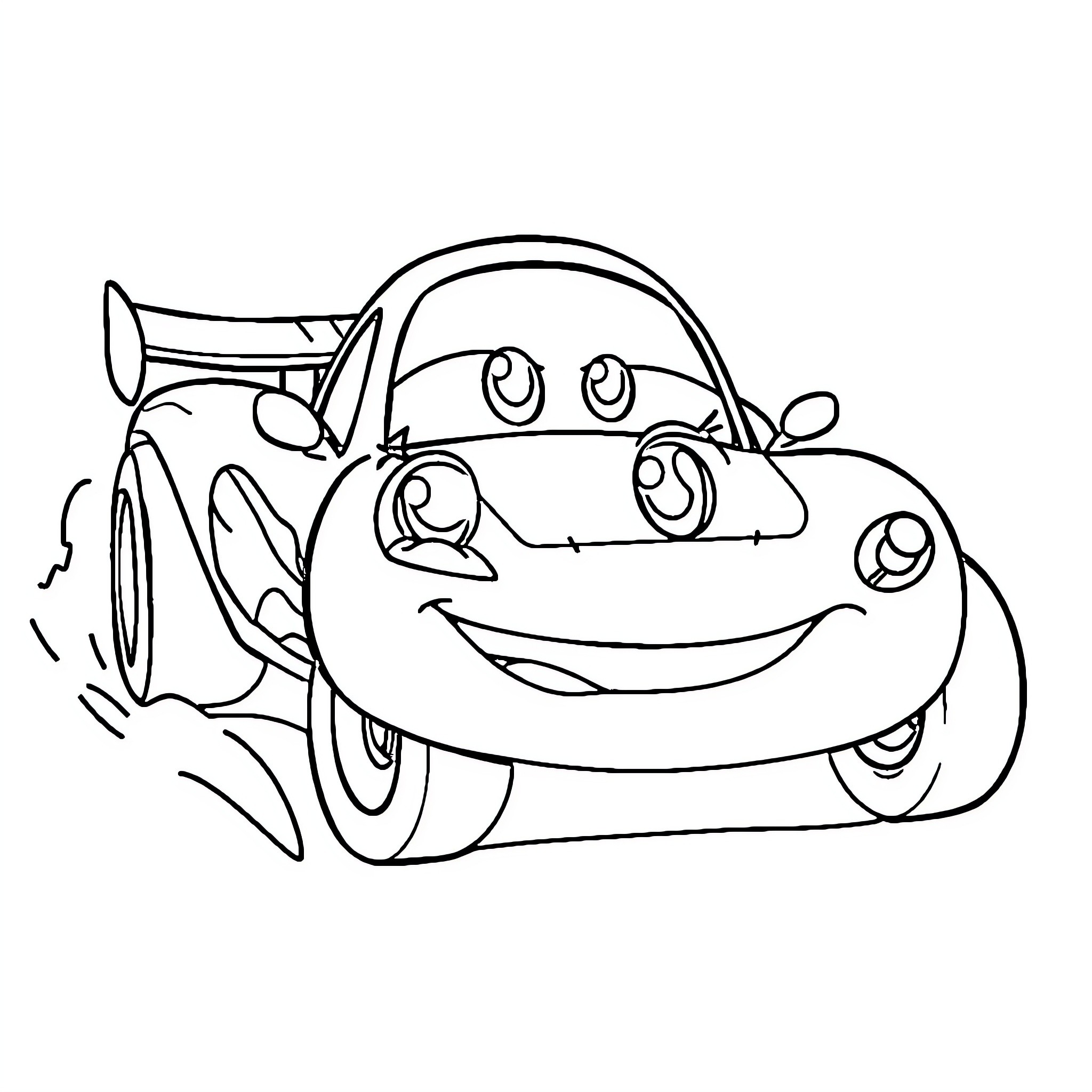 Racing Car with Cheerful Expression Coloring Page (free black-and-white line drawing printable PDF for all, from beginners to advanced learners, including children, teens, adults, and seniors)