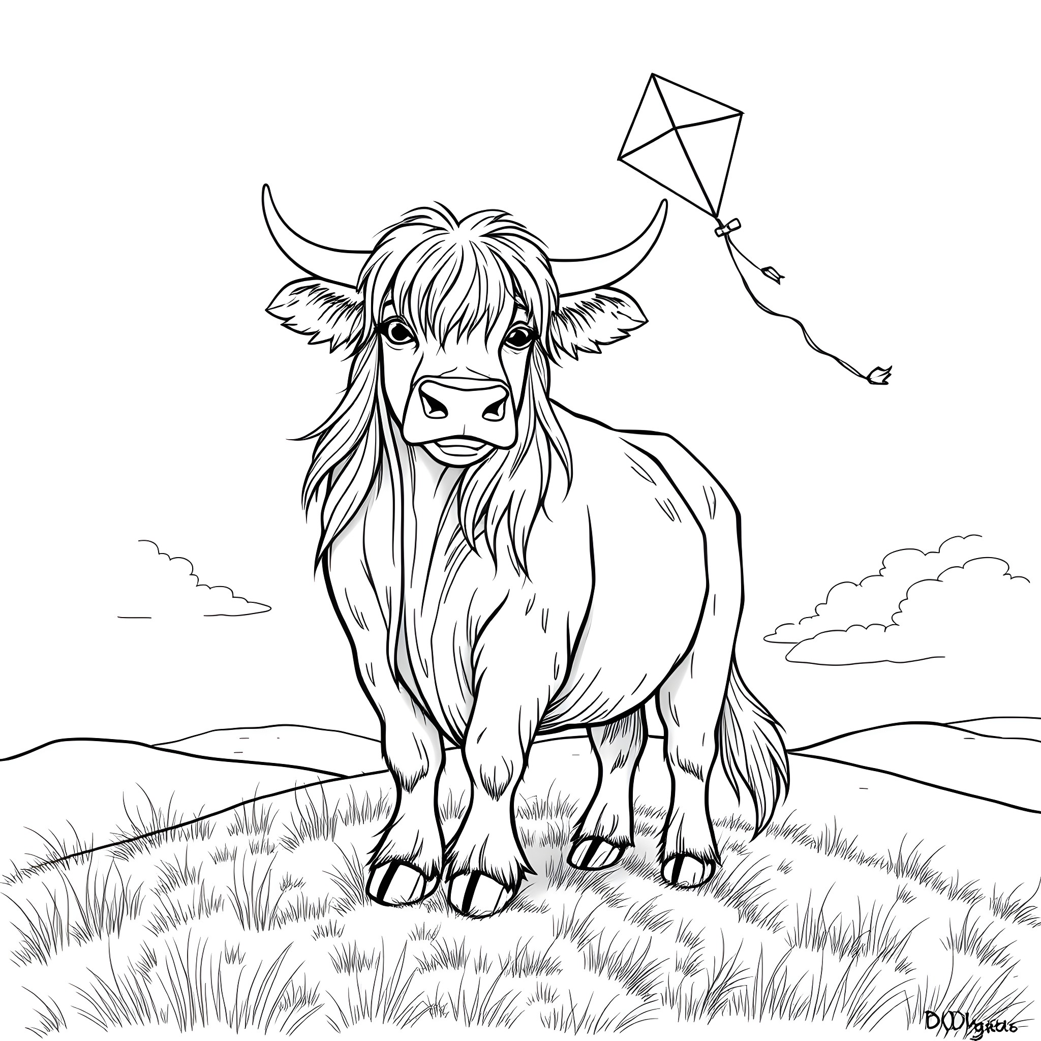 Highland Cow Enjoying the Outdoors with Kite Coloring Page (free black-and-white line drawing printable PDF for all, from beginners to advanced learners, including children, teens, adults, and seniors)