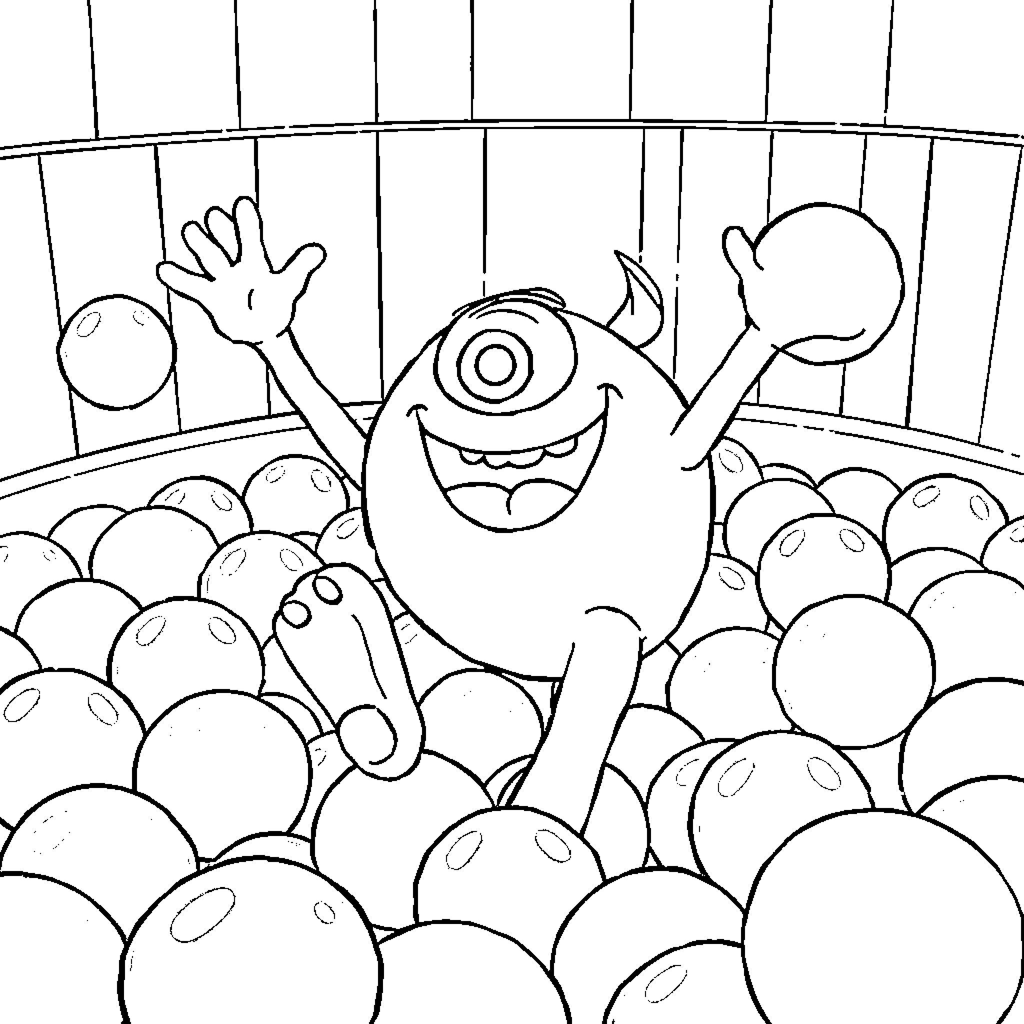Mike's Joyful Celebration in the Playful Pit Coloring Page (free black-and-white line drawing printable PDF for all, from beginners to advanced learners, including children, teens, adults, and seniors)